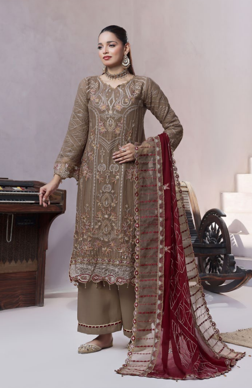 Pakistani Bin Khalid Dastaan Exclusive Chiffon Unstitched Three Piece – Royal Mocha