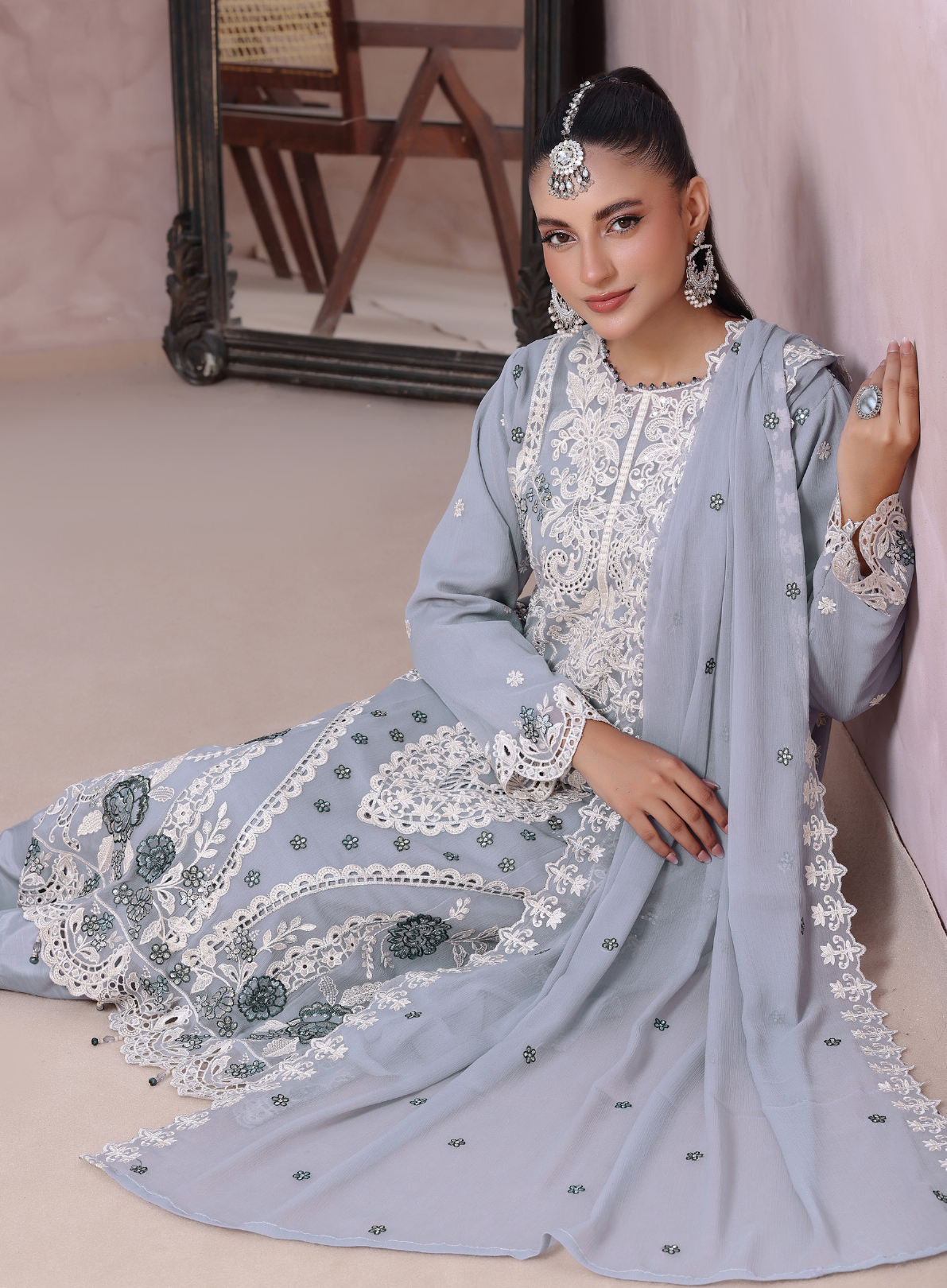 Pakistani Mahjabeen By Bin Hameed Shifoon Semi-Stitched Three Piece – Mist Grey