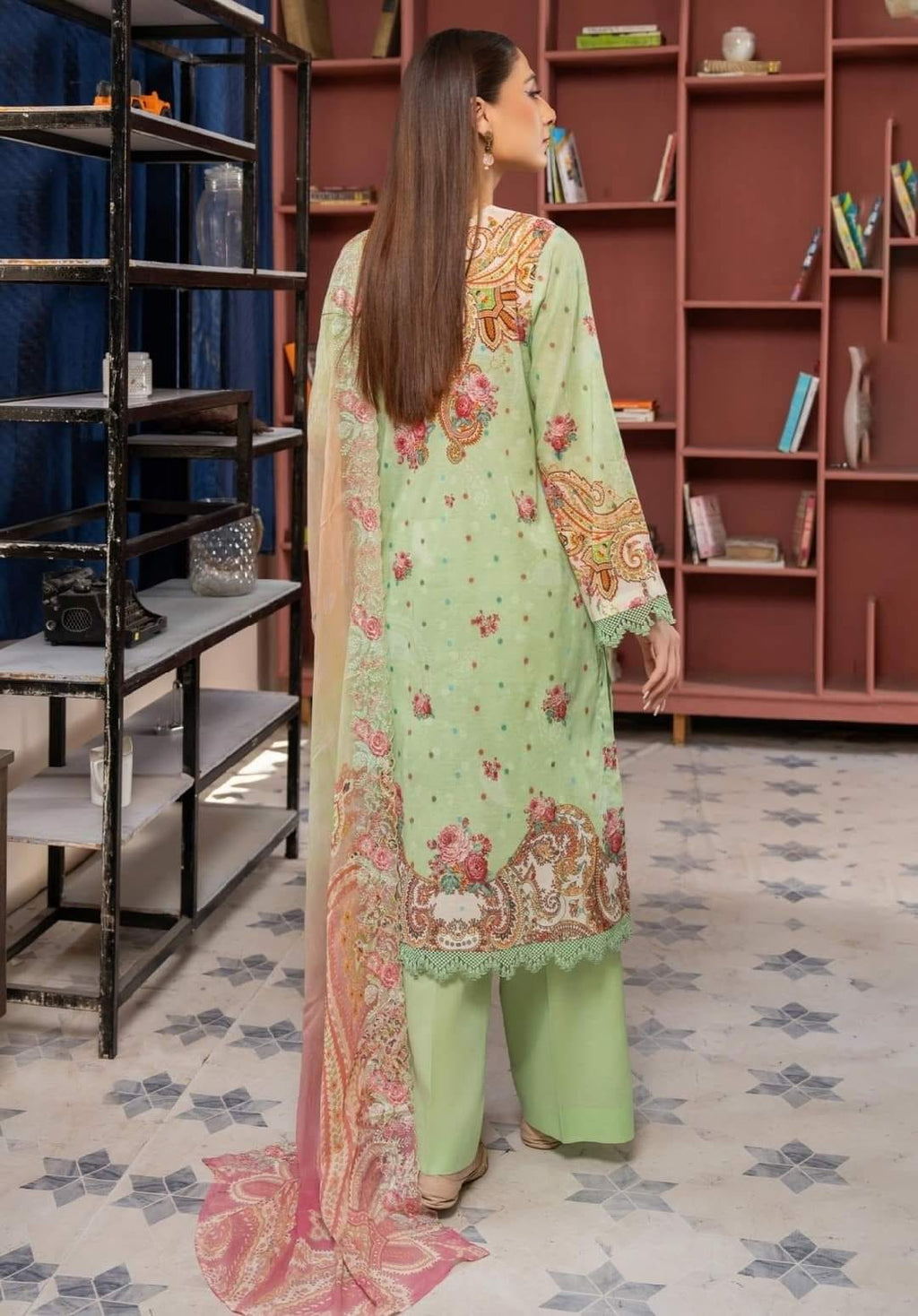 Pakistani Meet By GullJee Exclusive Luxury Lawn Unstitched Three Piece - Sage Green