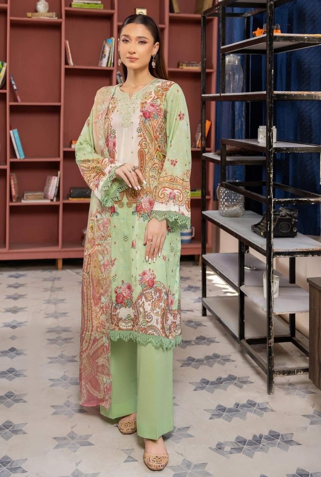 Pakistani Meet By GullJee Exclusive Luxury Lawn Unstitched Three Piece - Sage Green