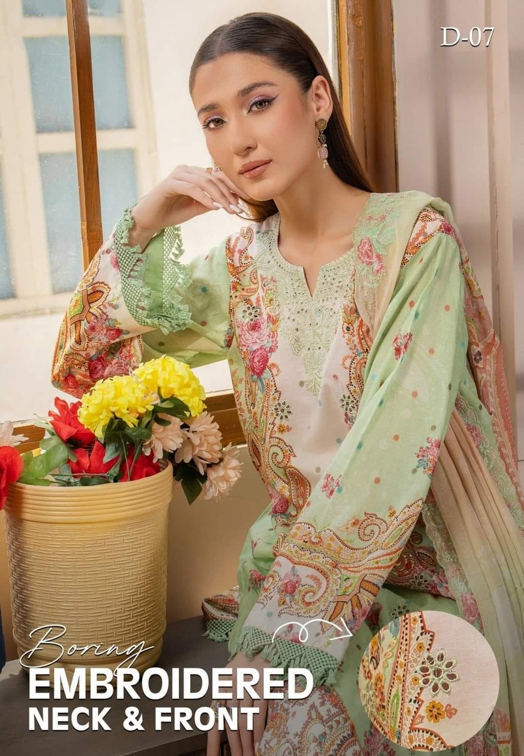 Pakistani Meet By GullJee Exclusive Luxury Lawn Unstitched Three Piece - Sage Green