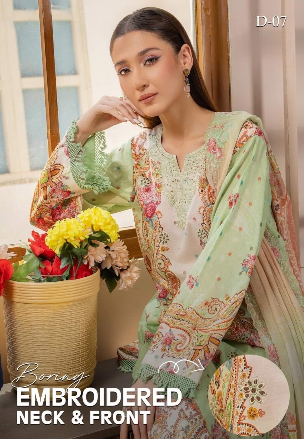 Pakistani Meet By GullJee Exclusive Luxury Lawn Unstitched Three Piece - Sage Green
