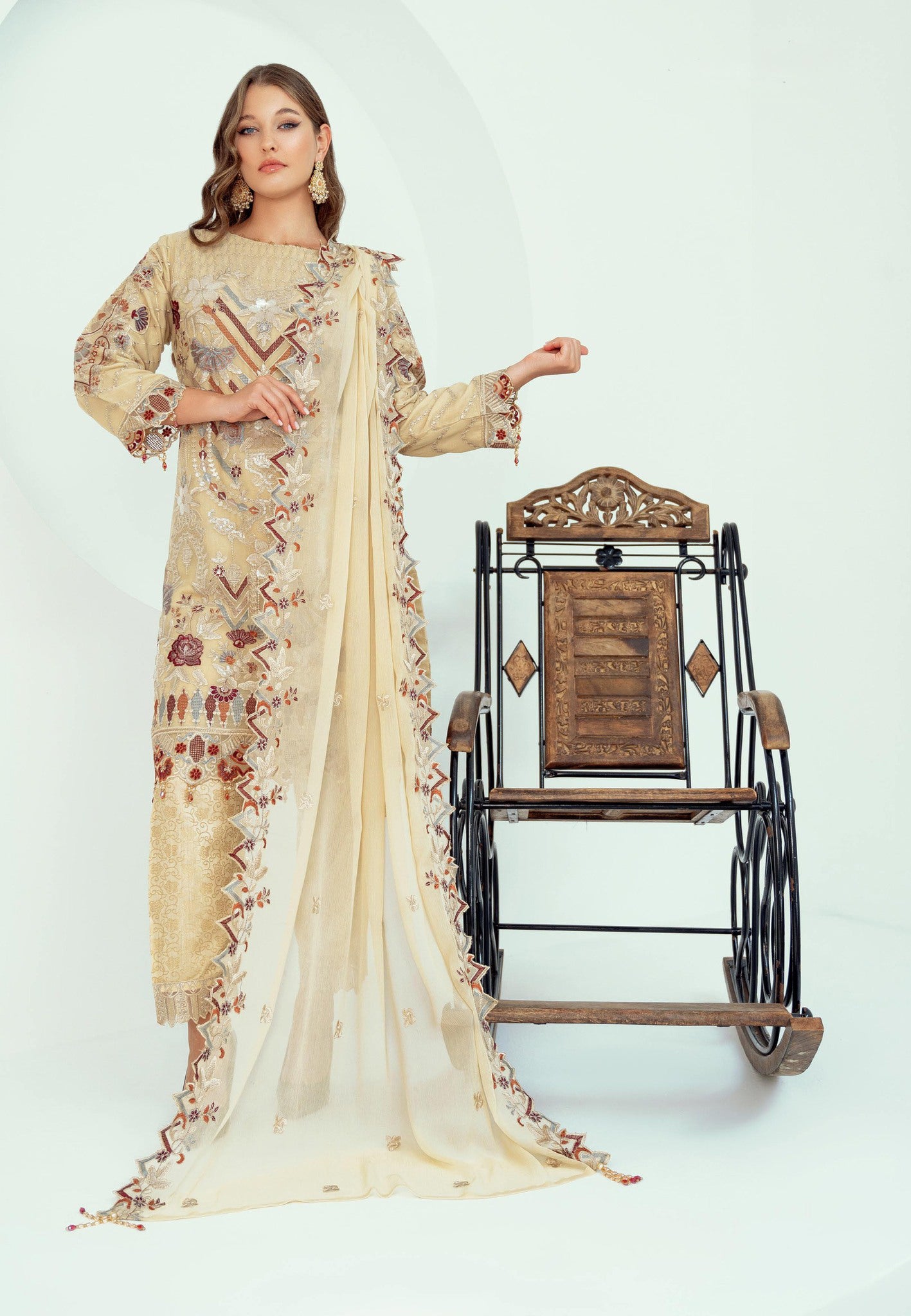 Pakistani Bint-E-Noor Stitched Organza Three Piece - Golden Beige