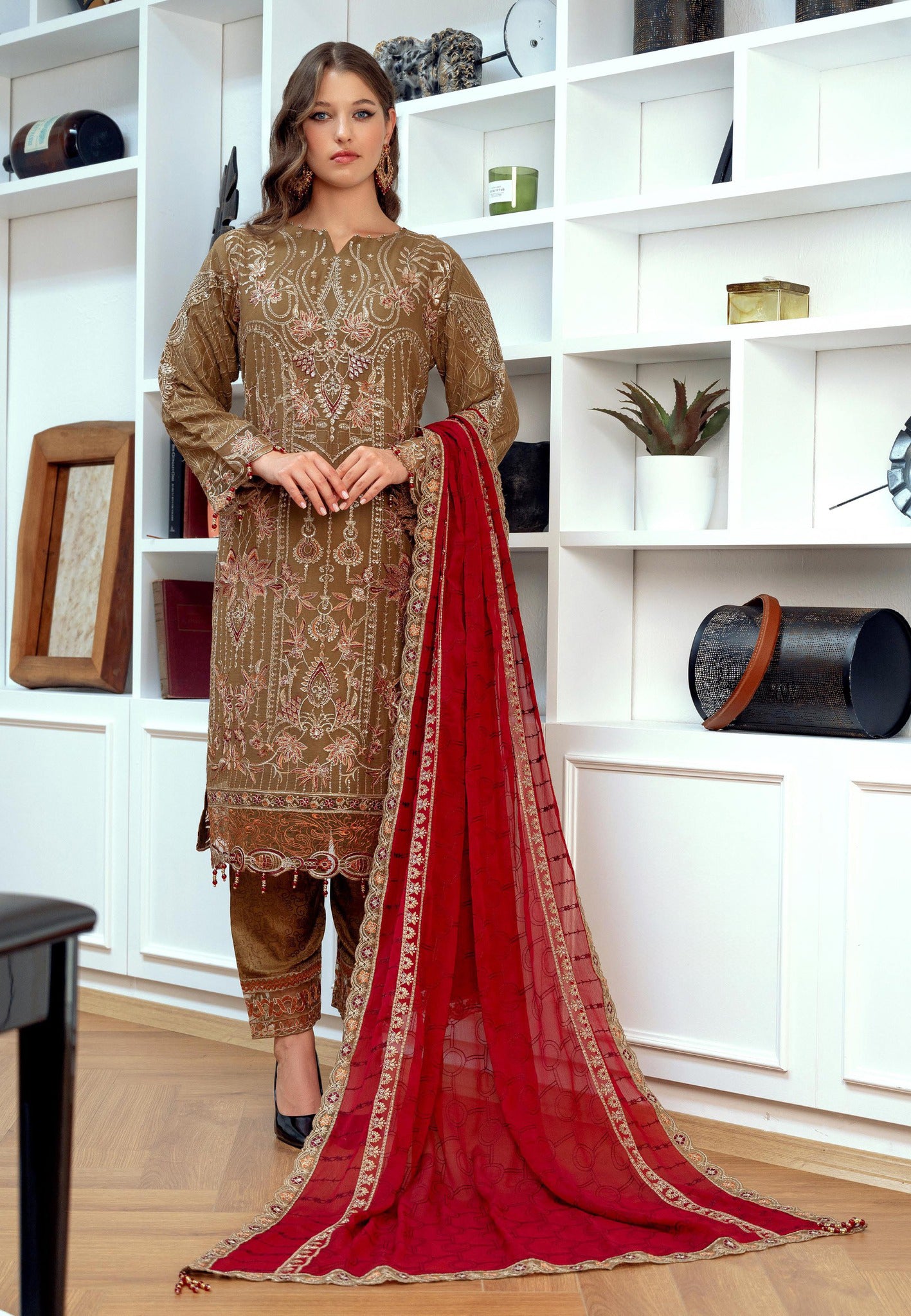 Pakistani Bint-E-Noor Stitched Organza Three Piece - Olive Bronze
