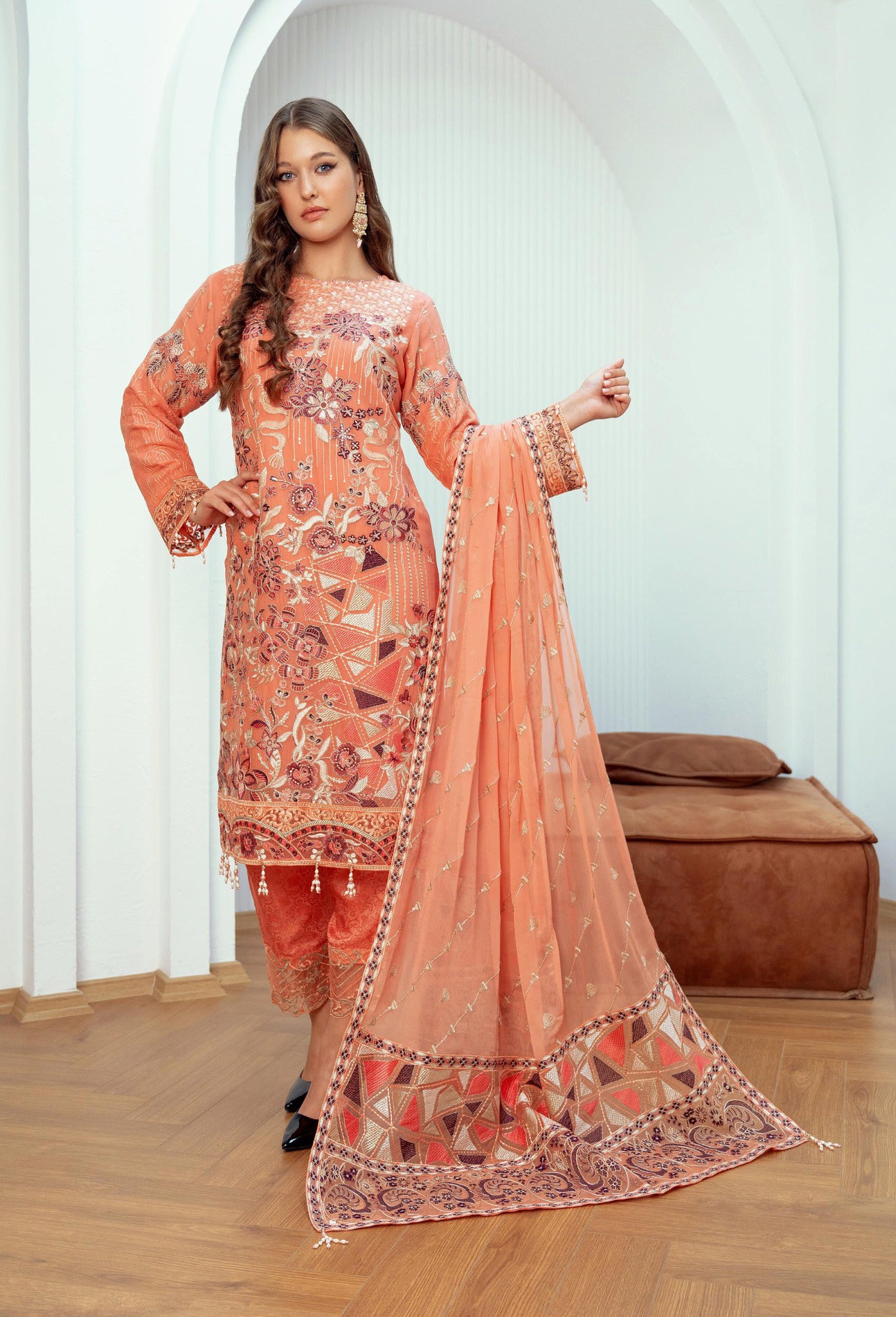 Pakistani Bint-E-Noor Stitched Organza Three Piece - Peach Nectar
