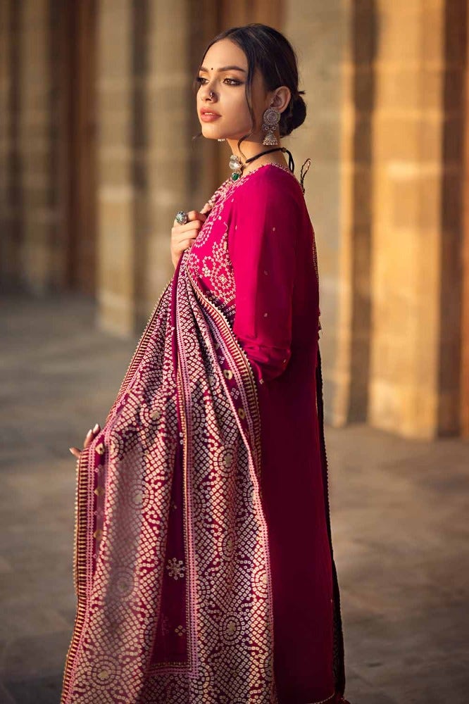 Pakistani Gul Ahmed Chunri Embroidered Unstitched Three Piece – Magenta Royalty