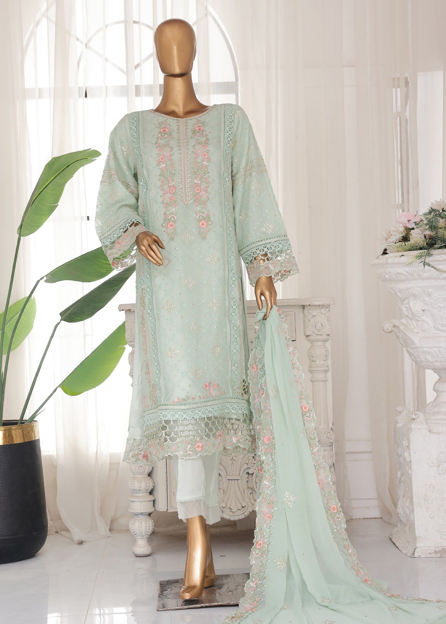 Pakistani Bin Saeed Luxury Embroidered Chiffon Three Piece Mint Green