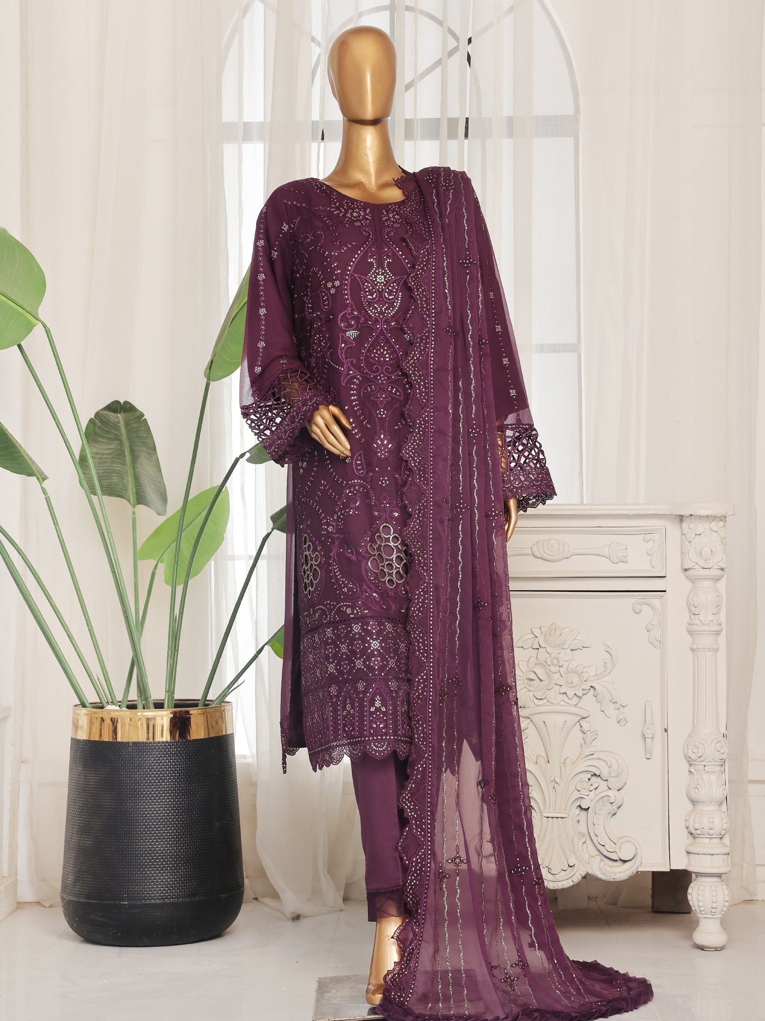 Pakistani Bin Saeed Luxury Embroidered Chiffon Three Piece Plum