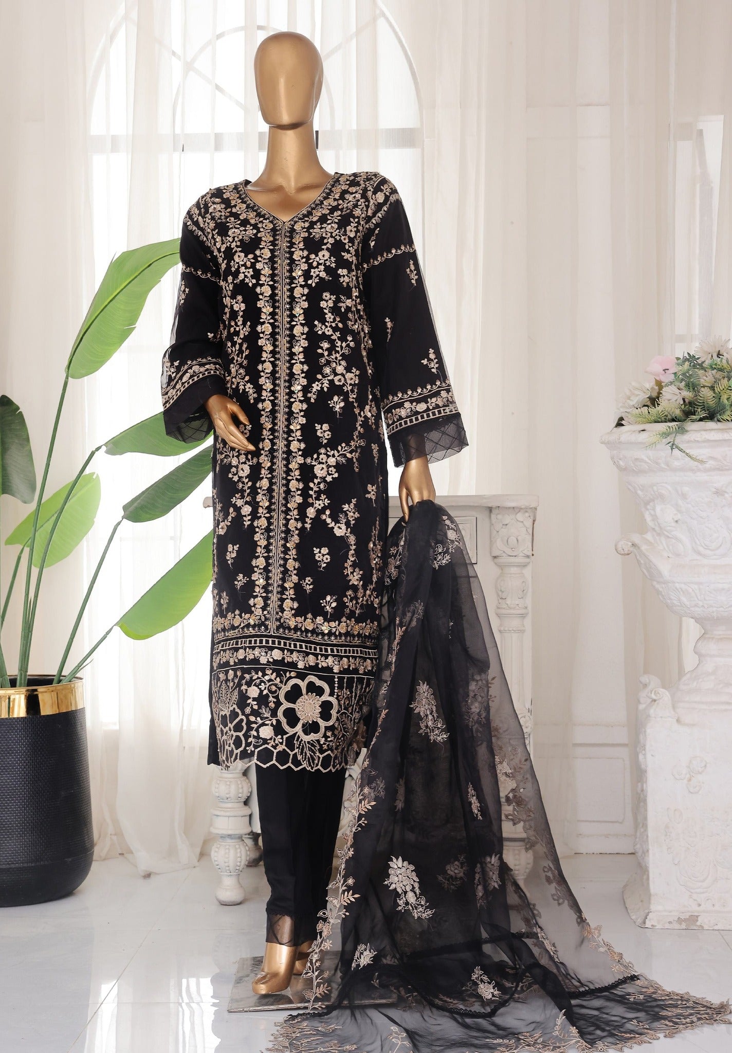 Pakistani Bin Saeed Luxury Embroidered Chiffon Three Piece Black