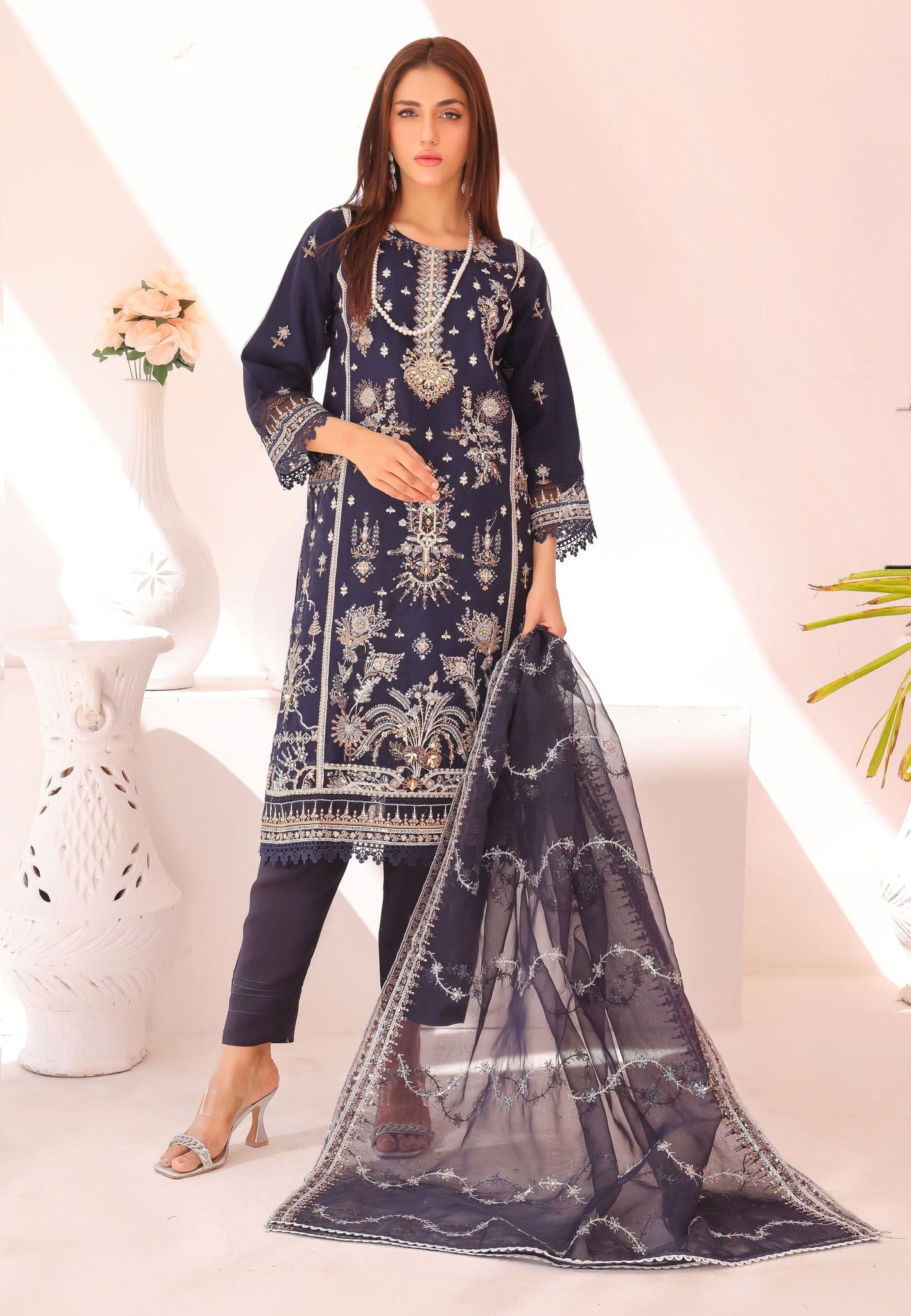 Pakistani Gul E Lala Organza Three Piece Navy Blue