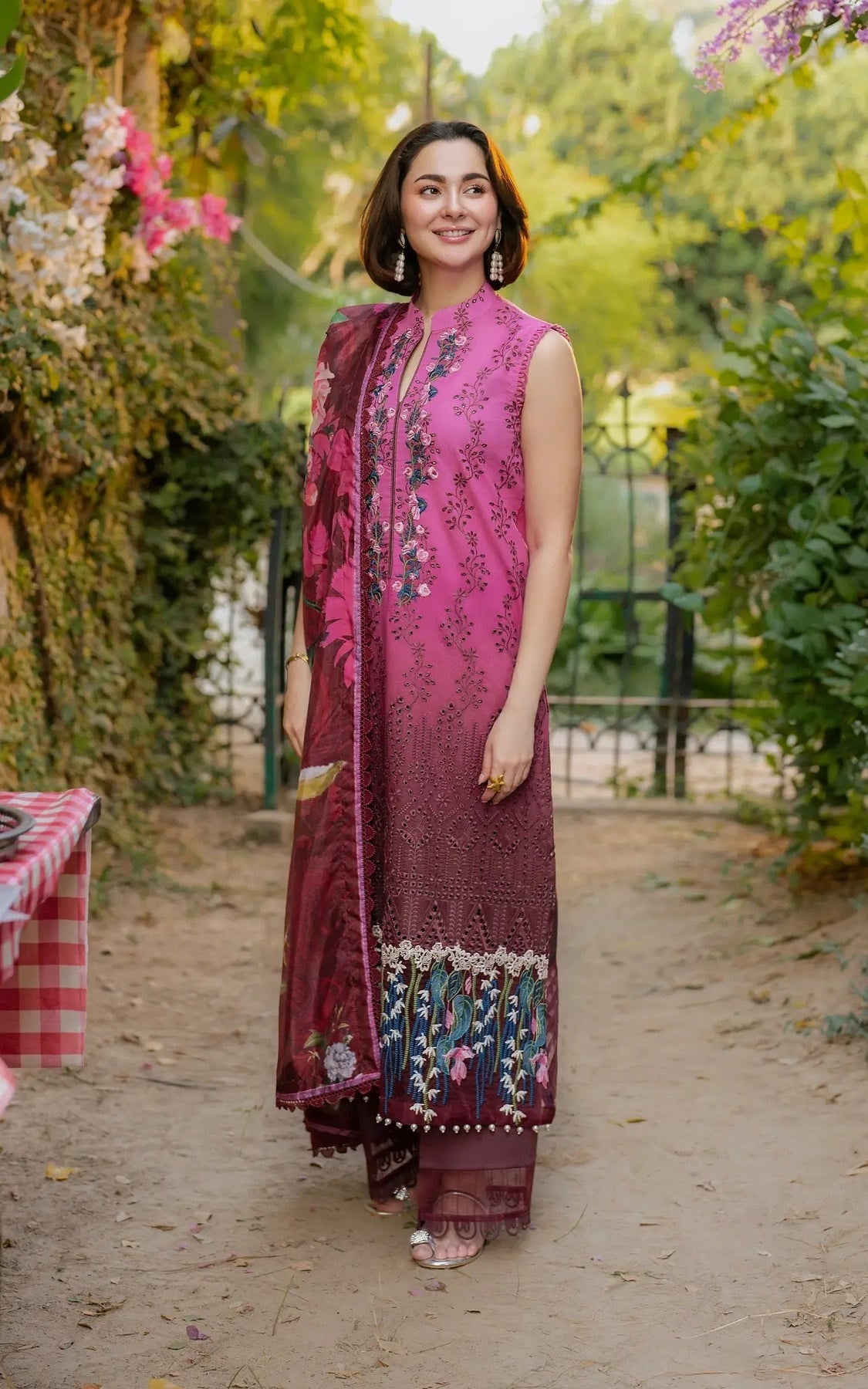 Pakistani Gulkaari by Asifa & Nabeel Unstitched Three-Piece - Magenta Rose