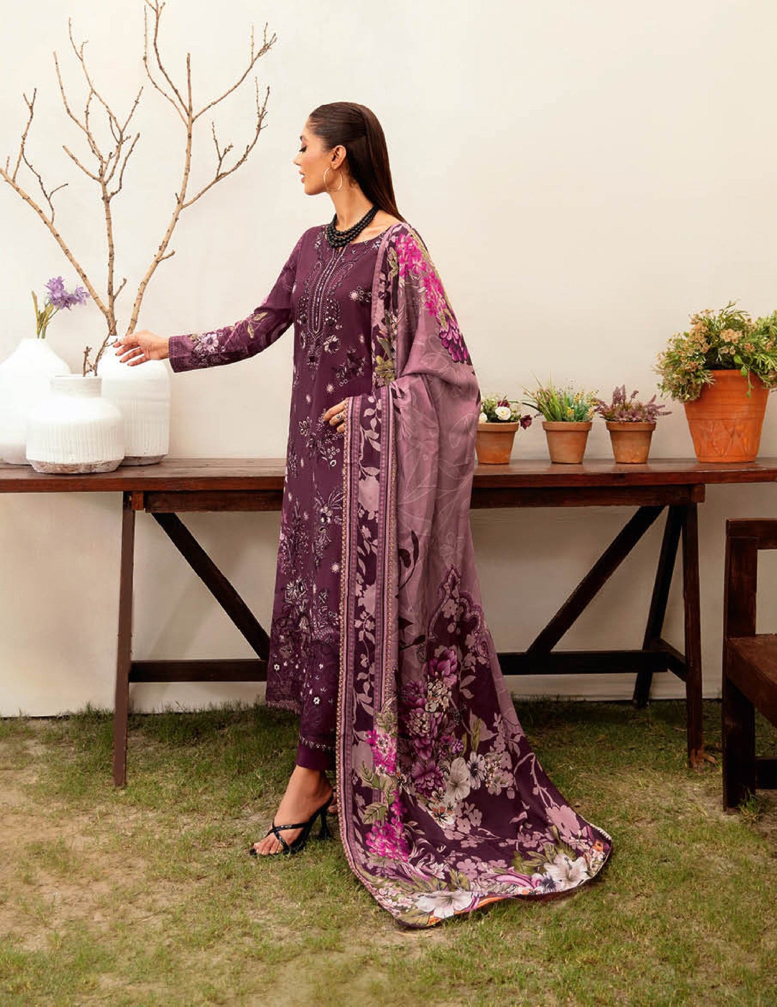 Pakistani Ramsha Mashaal Embroidered Unstitched Three-Piece - Amethyst Bloom