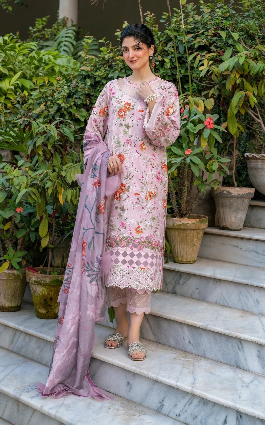 Pakistani Gulkaari by Asifa & Nabeel Unstitched Three-Piece - Blush Gardenia