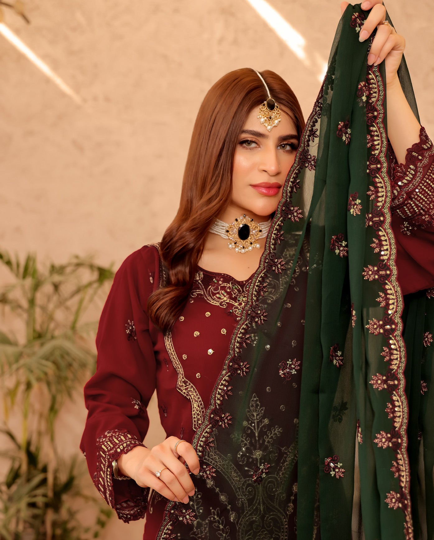 Pakistani Manahil by Bin Hameed Unstitched Three-Piece - Crimson Velvet