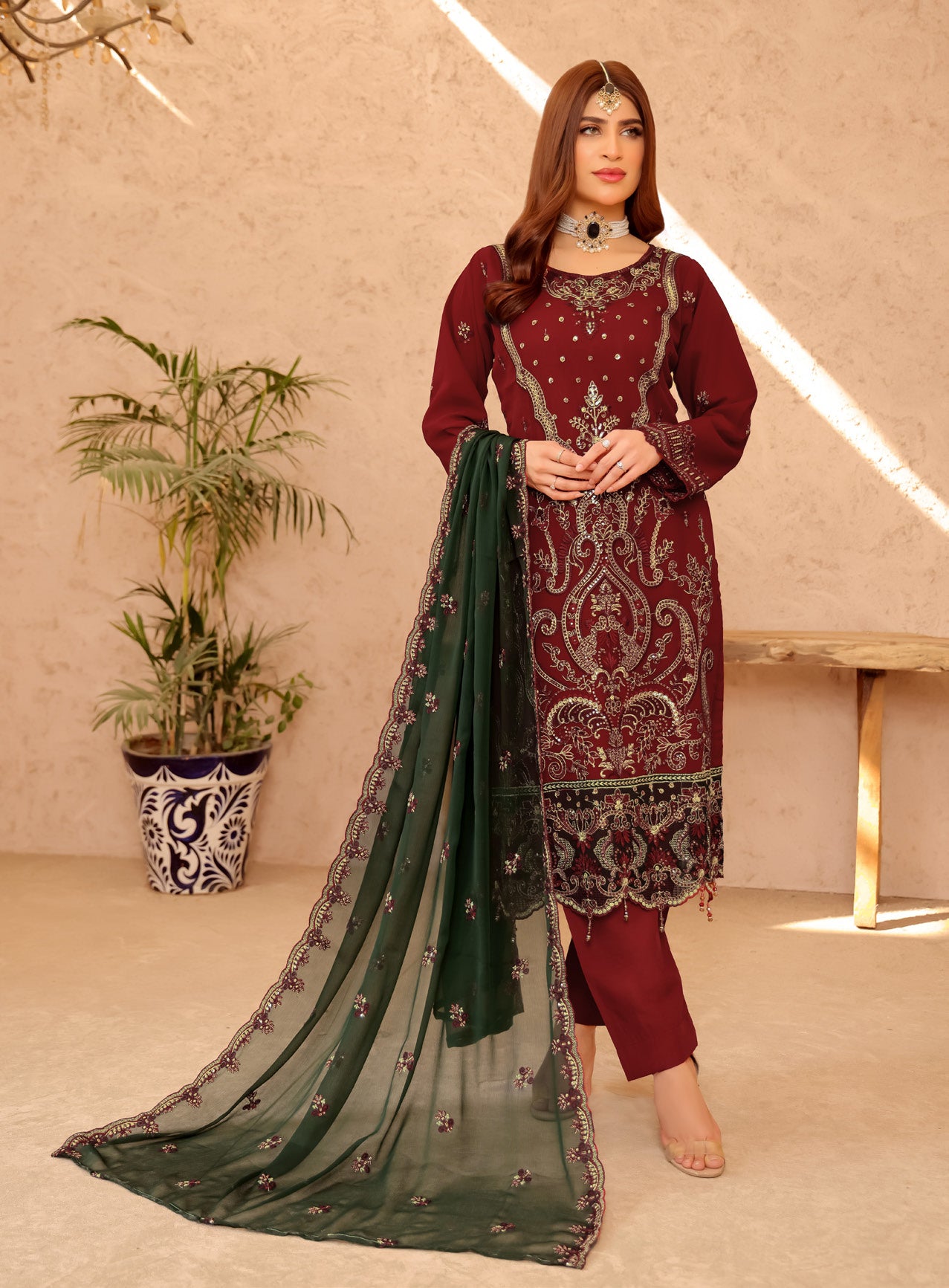Pakistani Manahil by Bin Hameed Unstitched Three-Piece - Crimson Velvet