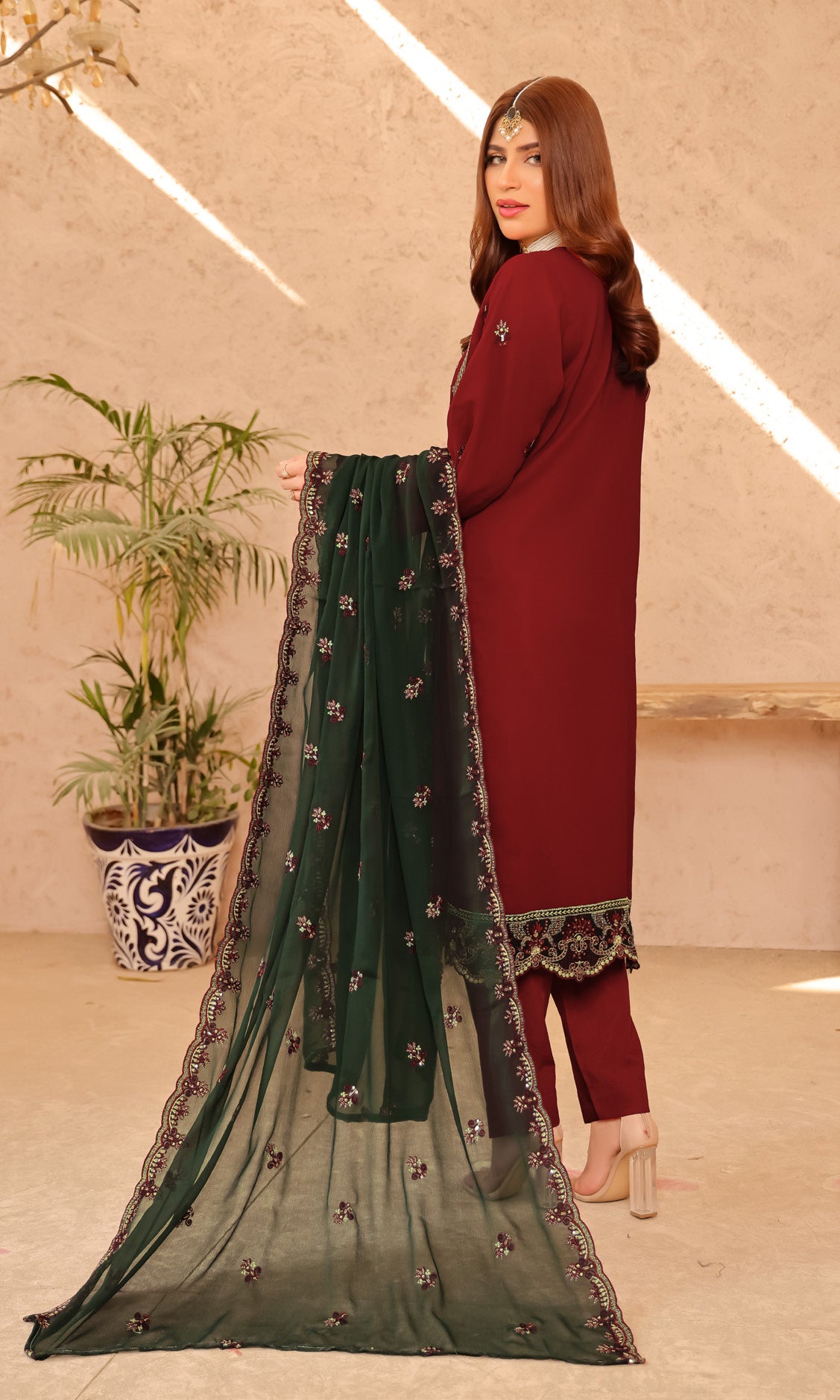 Pakistani Manahil by Bin Hameed Unstitched Three-Piece - Crimson Velvet