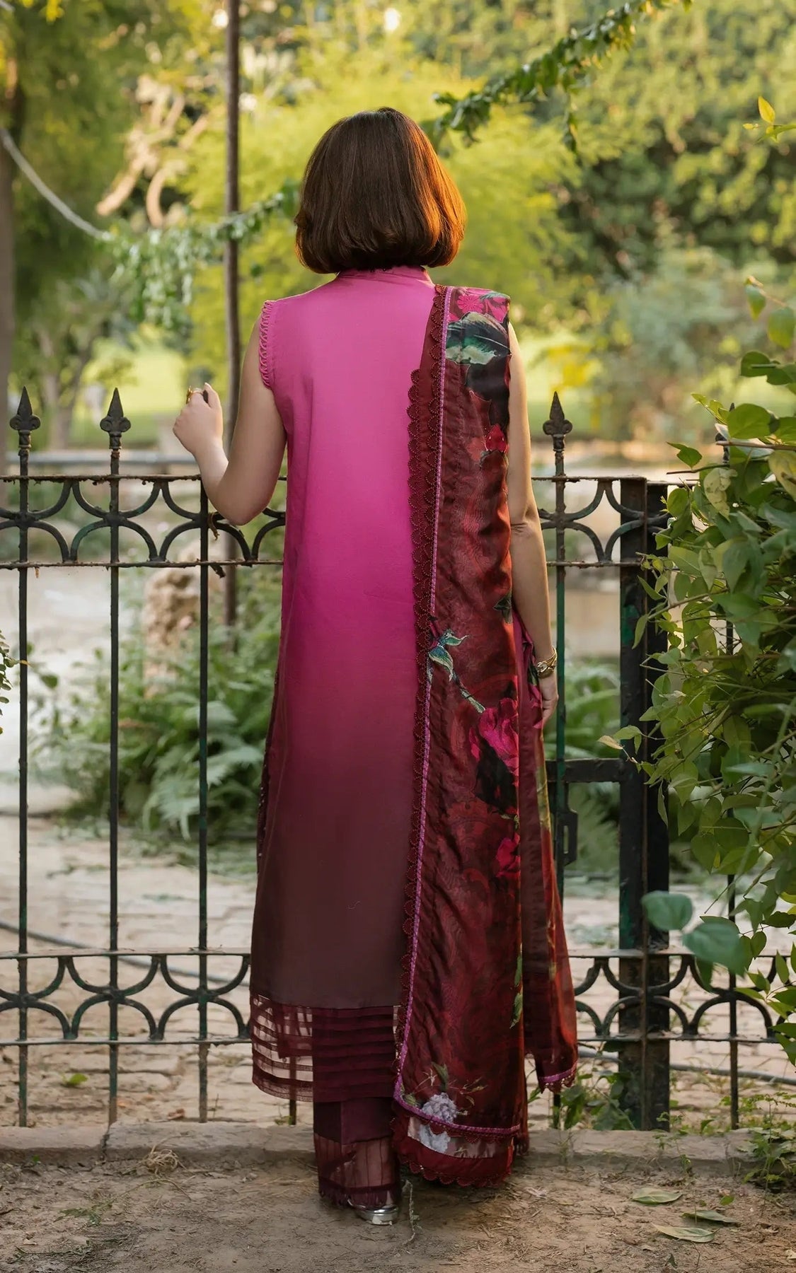 Pakistani Gulkaari by Asifa & Nabeel Unstitched Three-Piece - Magenta Rose