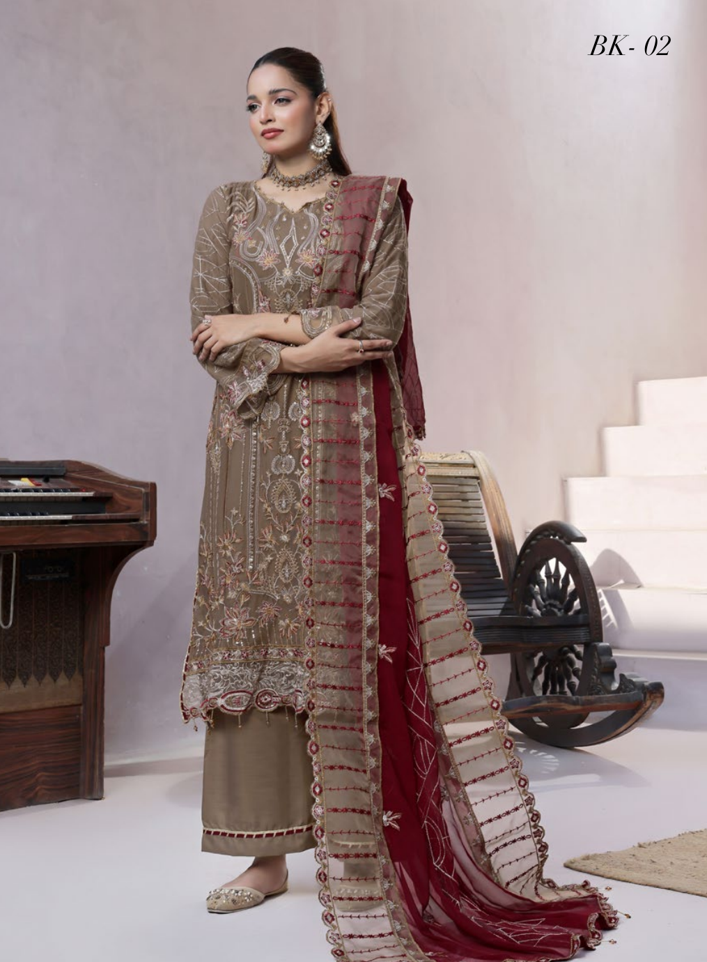 Pakistani Bin Khalid Dastaan Exclusive Chiffon Unstitched Three Piece – Royal Mocha