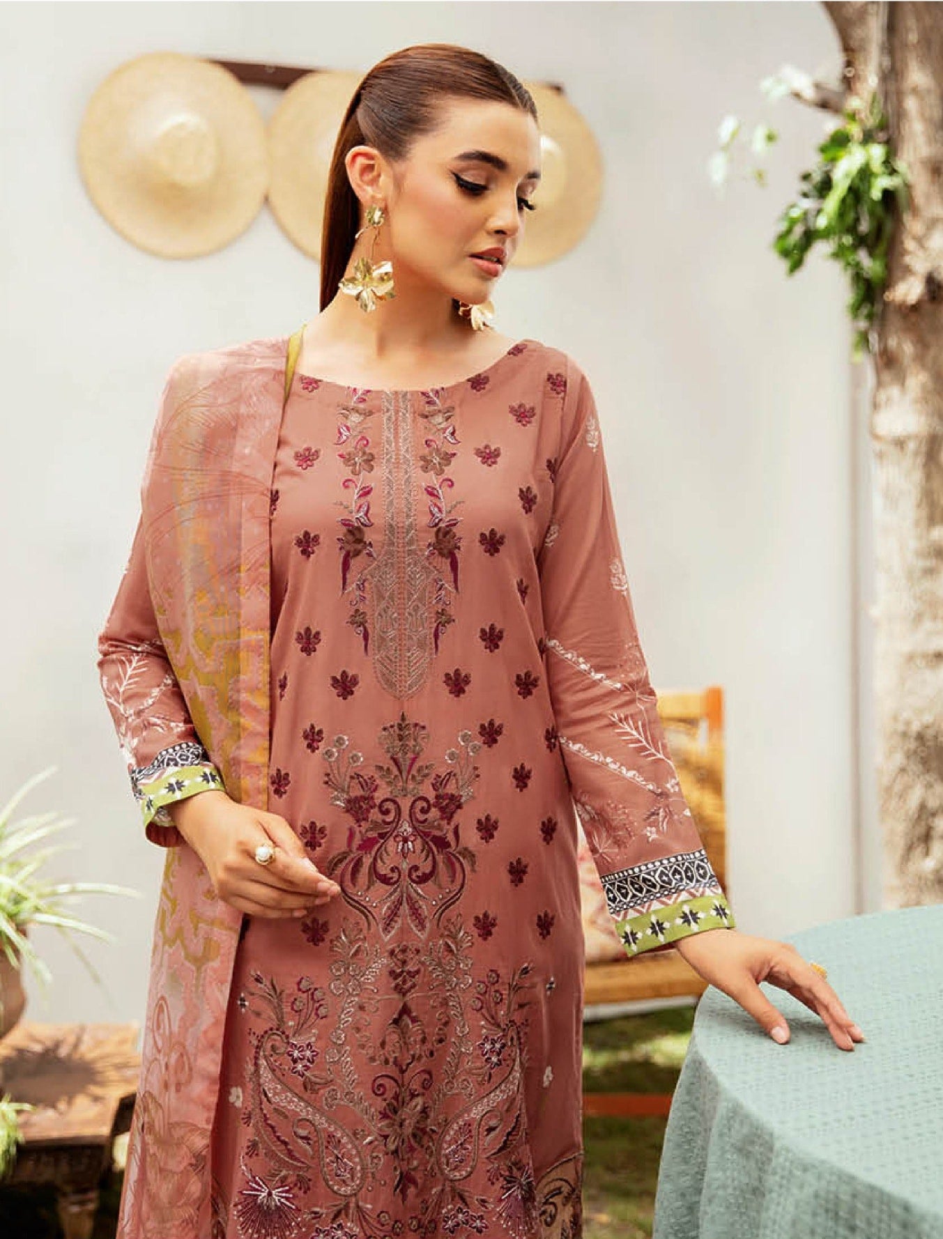Pakistani Ramsha Mashaal Embroidered Unstitched Three-Piece - Terracotta Rose
