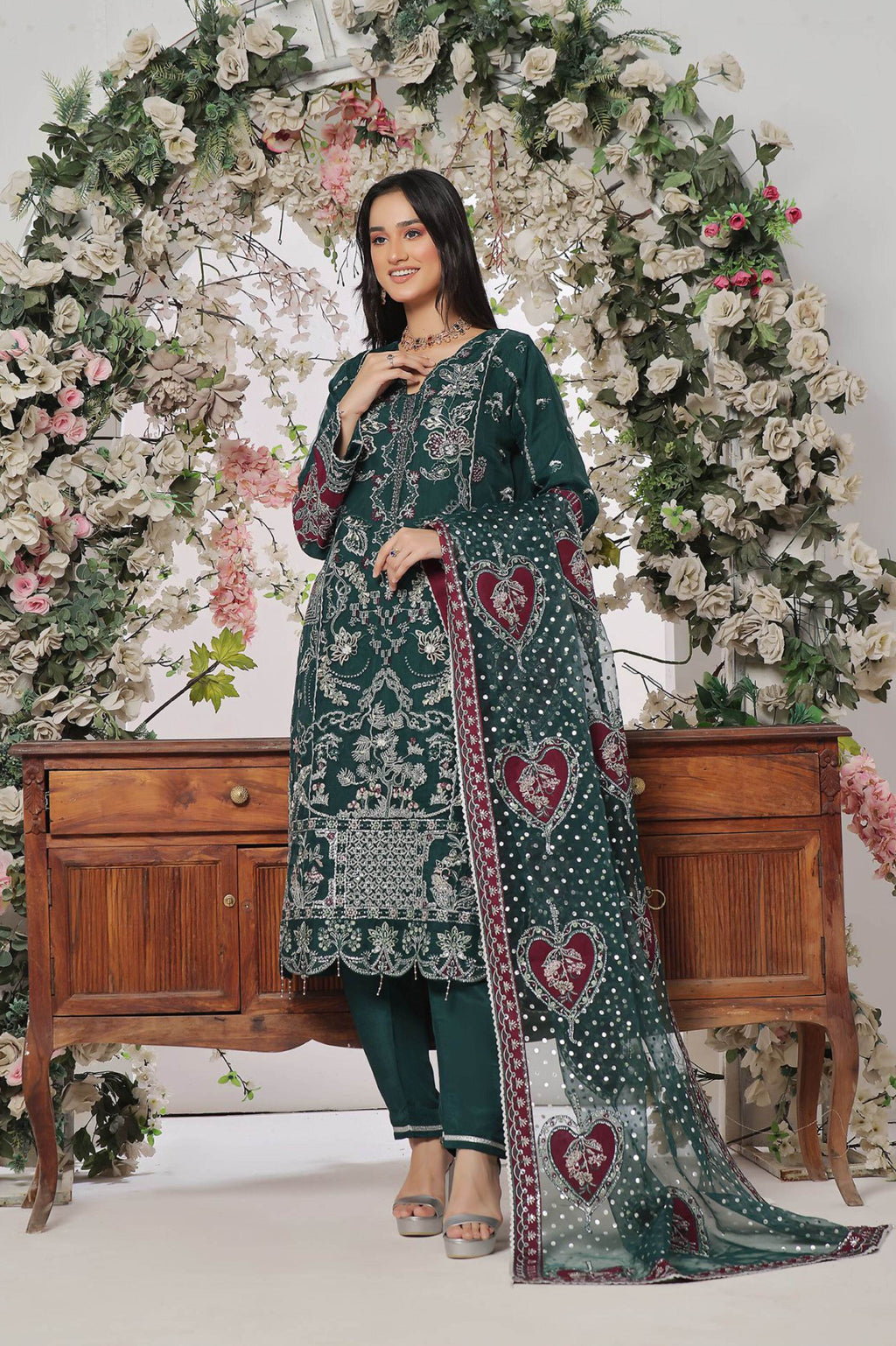 Pakistani Aroohi Unstitched Three Piece - Emerald Heart