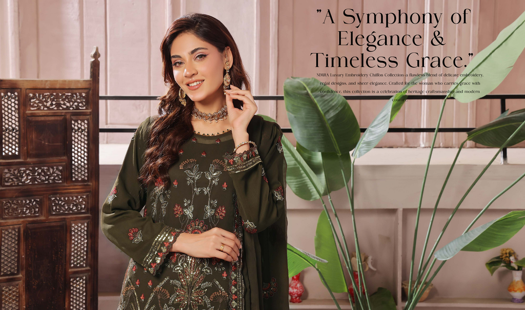 Pakistani Bin Hammeed Nimra Embroidered Chiffon Unstitched Three Piece – Forest Emerald