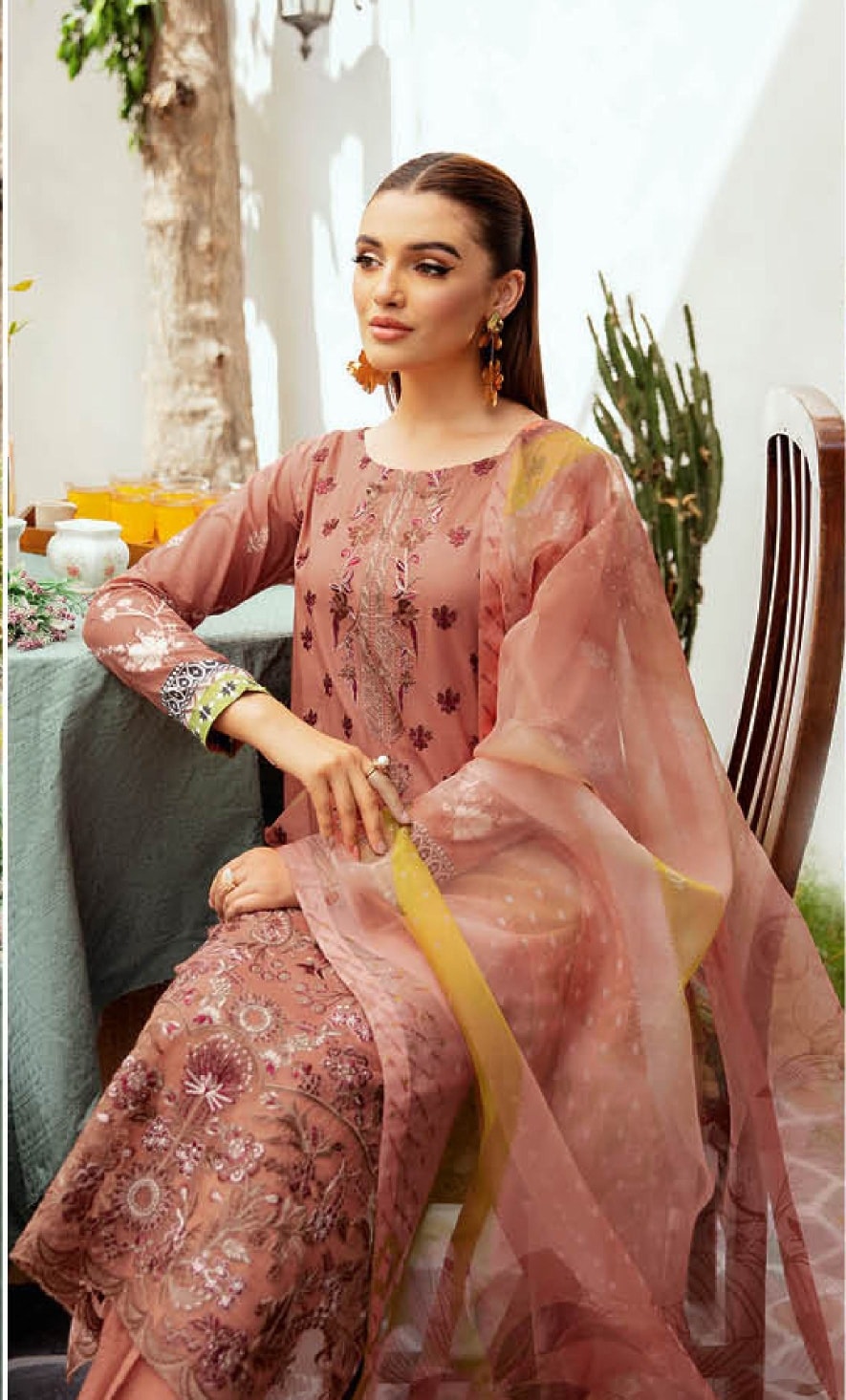 Pakistani Ramsha Mashaal Embroidered Unstitched Three-Piece - Terracotta Rose