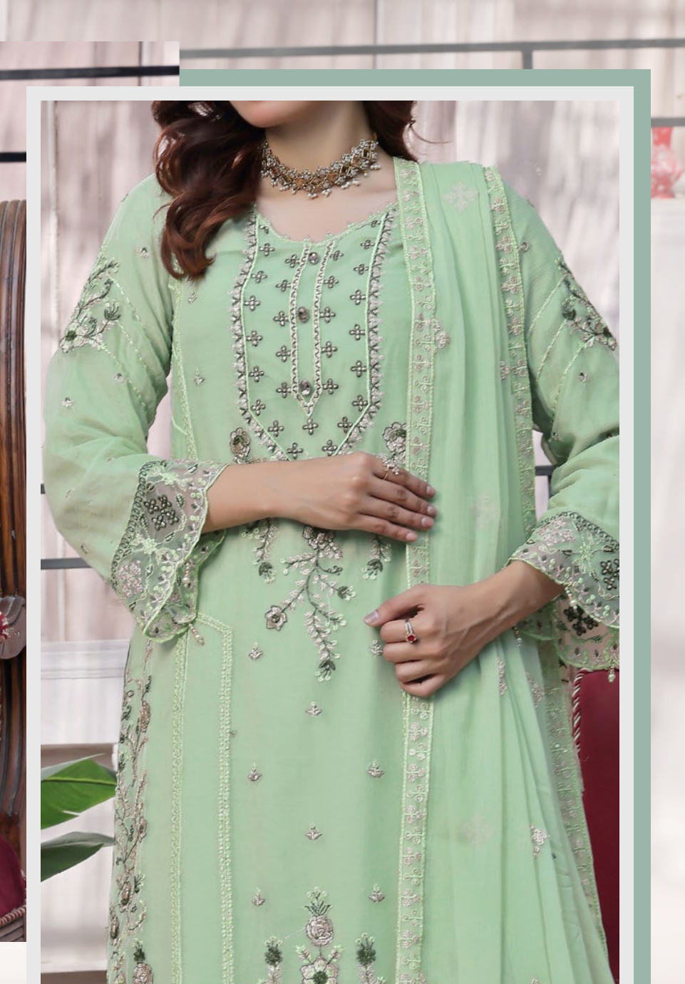 Pakistani Bin Khalid Dastaan Exclusive Chiffon Unstitched Three Piece – Mint Glaze