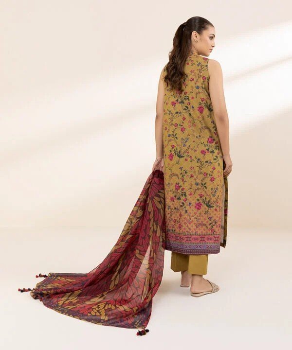 Pakistani Sapphire Floral Printed Embroidered Lawn Unstitched Three-Piece - Golden Ochre