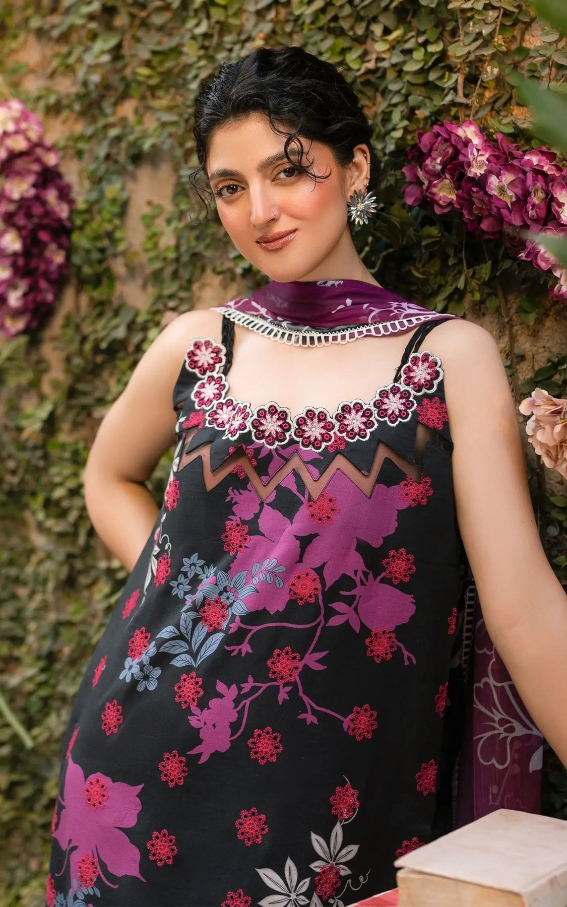 Pakistani Gulkaari by Asifa & Nabeel Unstitched Three-Piece - Midnight Onyx