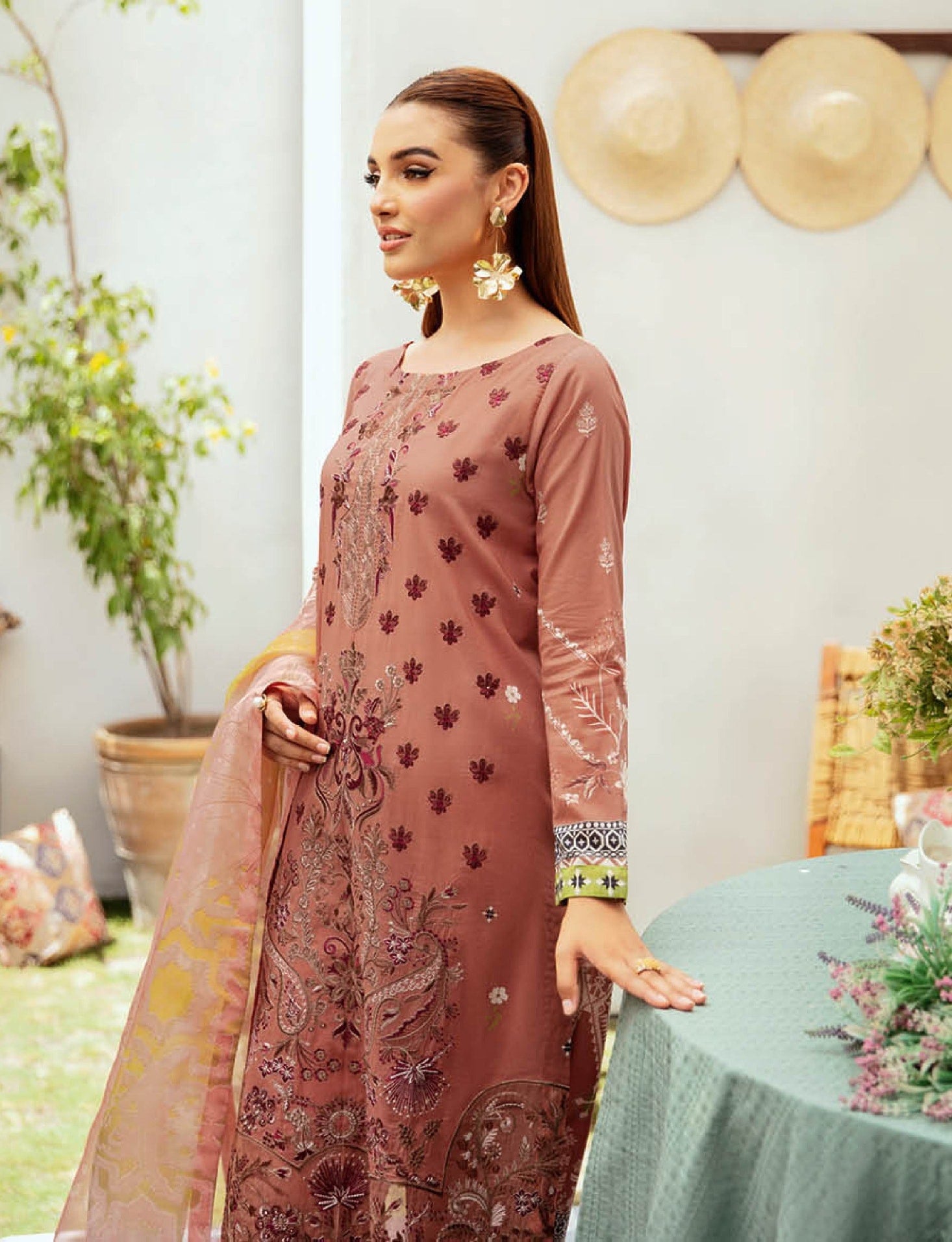 Pakistani Ramsha Mashaal Embroidered Unstitched Three-Piece - Terracotta Rose