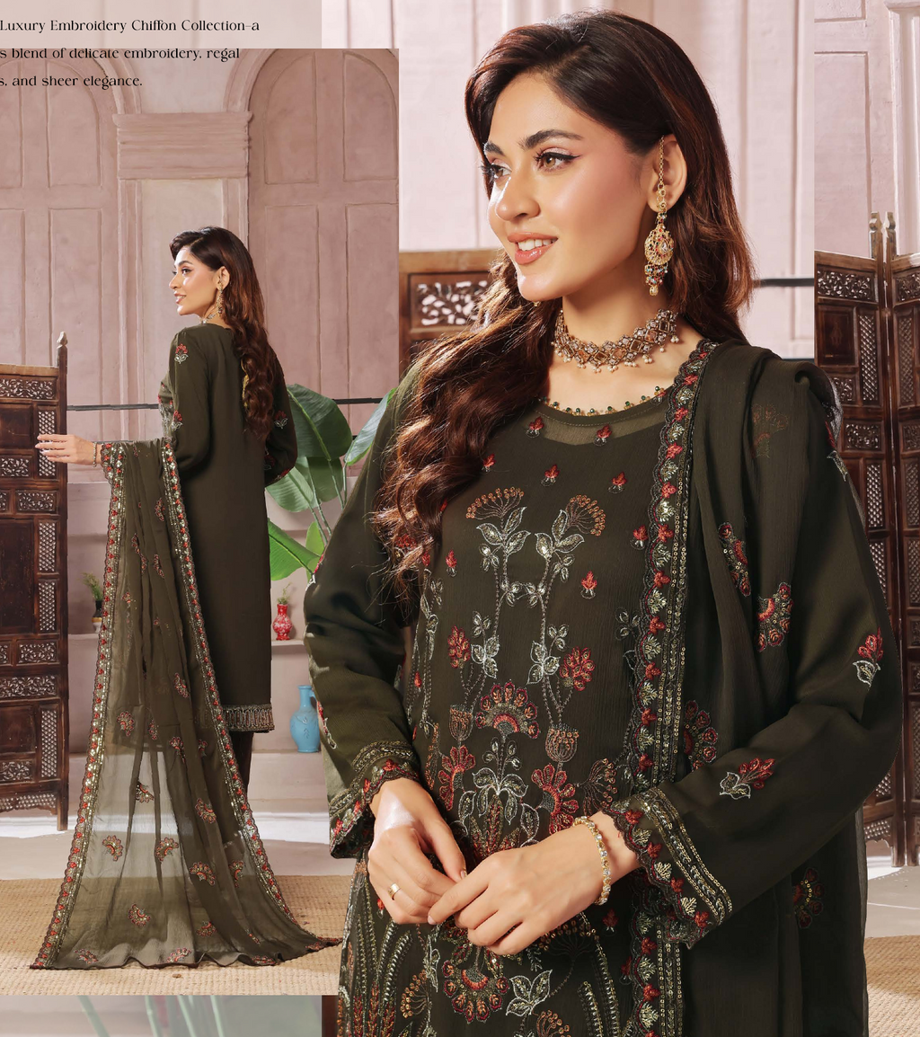 Pakistani Bin Hammeed Nimra Embroidered Chiffon Unstitched Three Piece – Forest Emerald