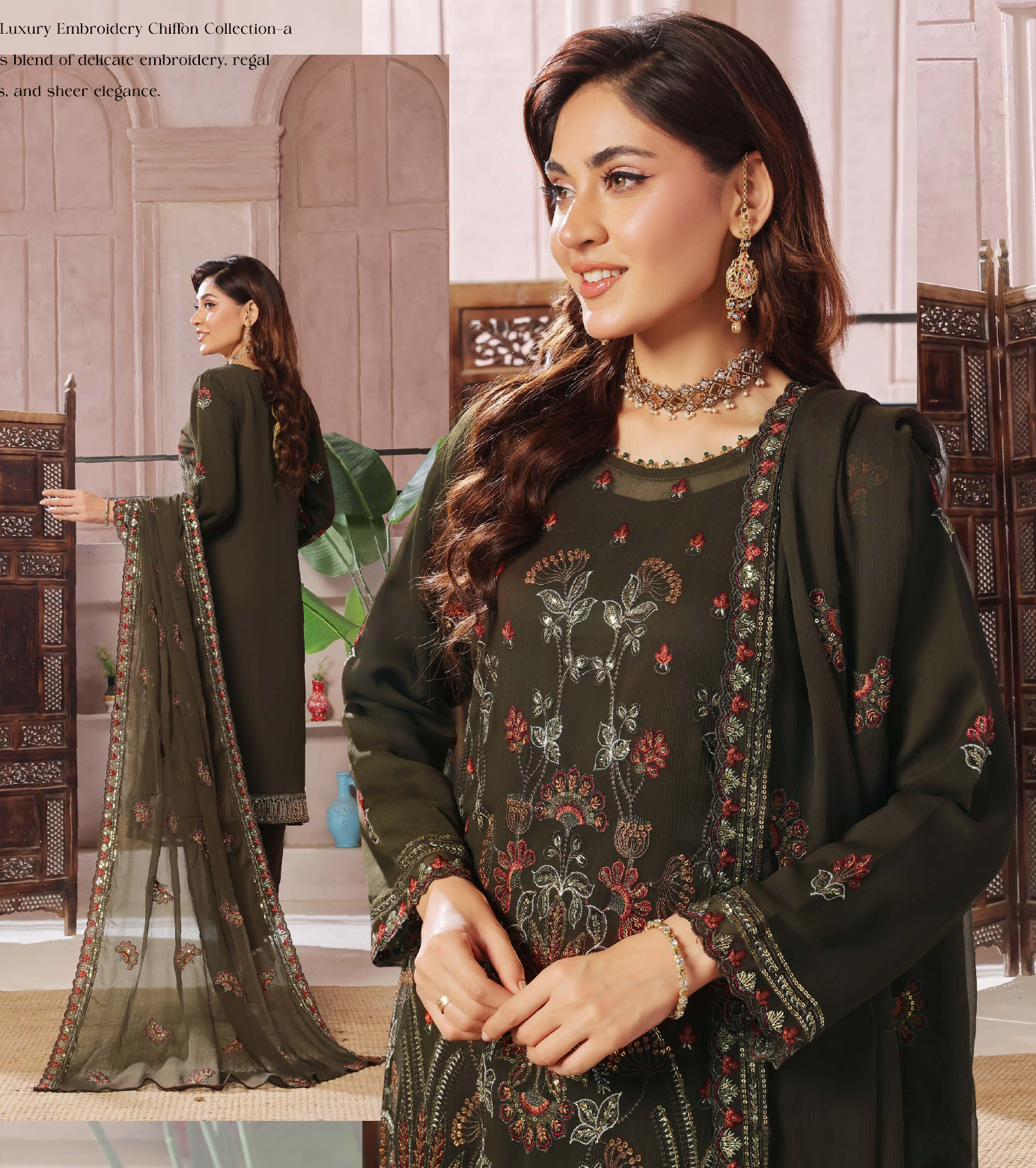 Pakistani Bin Hammeed Nimra Embroidered Chiffon Unstitched Three Piece – Forest Emerald