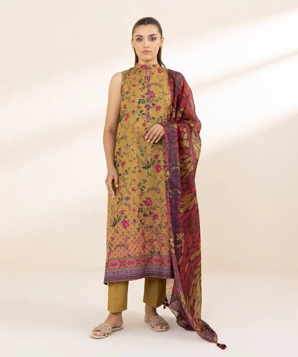 Pakistani Sapphire Floral Printed Embroidered Lawn Unstitched Three-Piece - Golden Ochre
