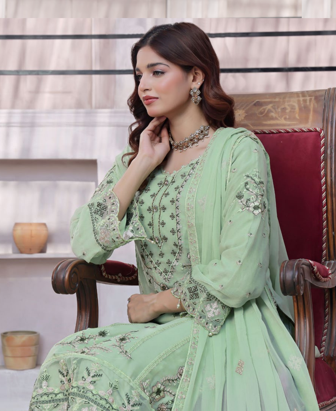 Pakistani Bin Khalid Dastaan Exclusive Chiffon Unstitched Three Piece – Mint Glaze