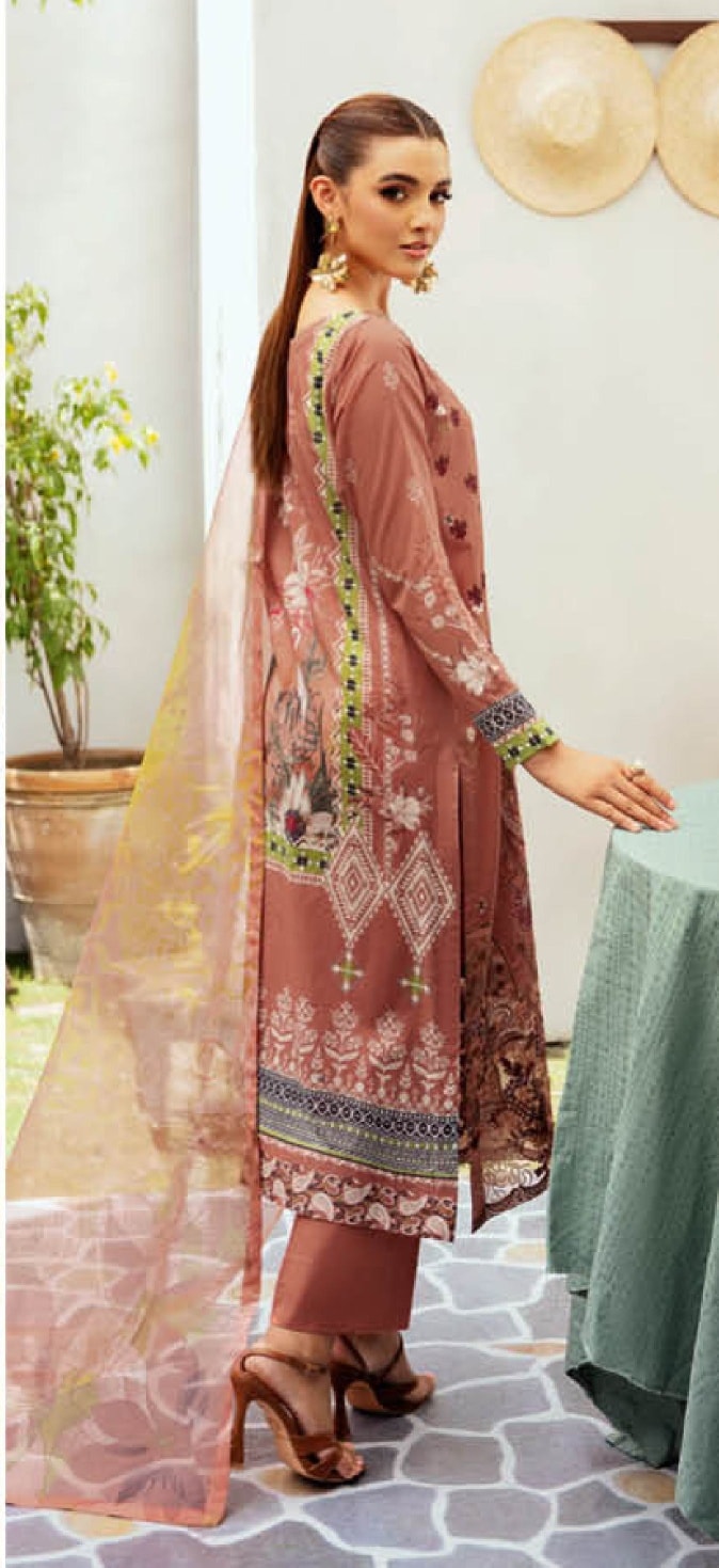 Pakistani Ramsha Mashaal Embroidered Unstitched Three-Piece - Terracotta Rose