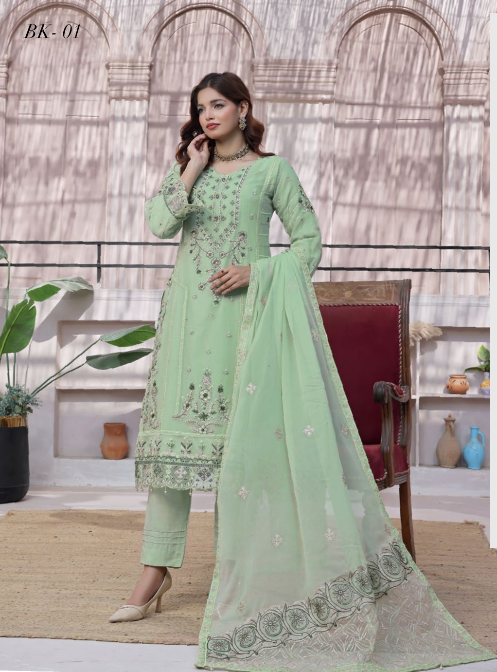 Pakistani Bin Khalid Dastaan Exclusive Chiffon Unstitched Three Piece – Mint Glaze