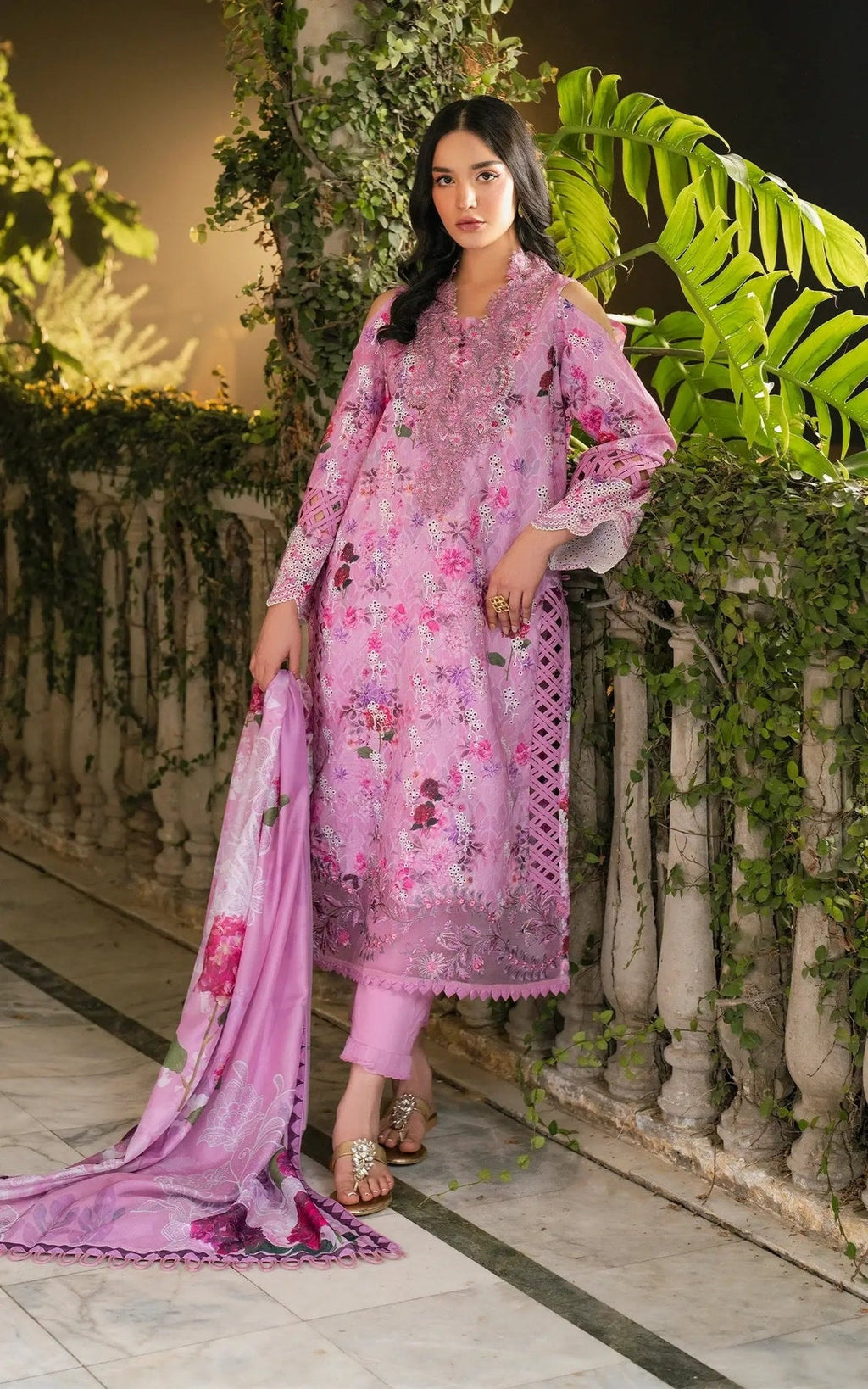 Pakistani Gulkaari by Asifa & Nabeel Unstitched Three-Piece - Orchid Petal