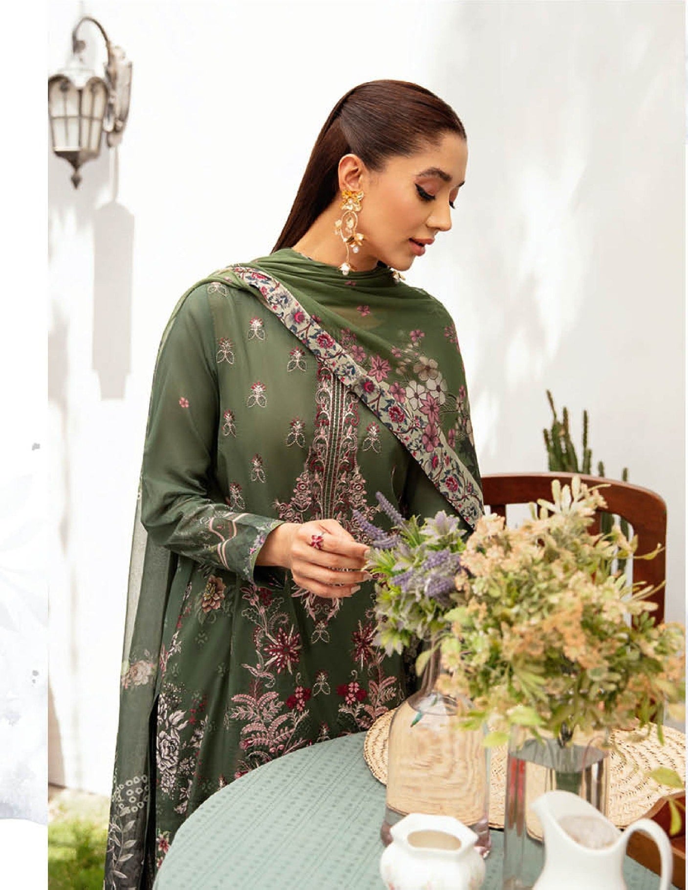 Pakistani Ramsha Mashaal Embroidered Unstitched Three-Piece - Forest Garnet