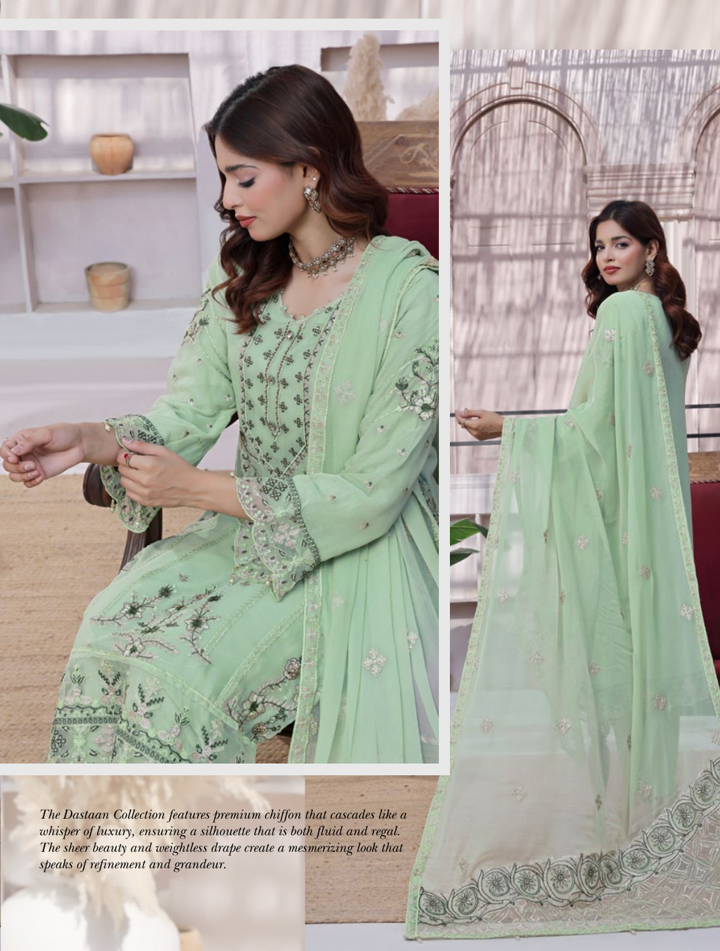Pakistani Bin Khalid Dastaan Exclusive Chiffon Unstitched Three Piece – Mint Glaze