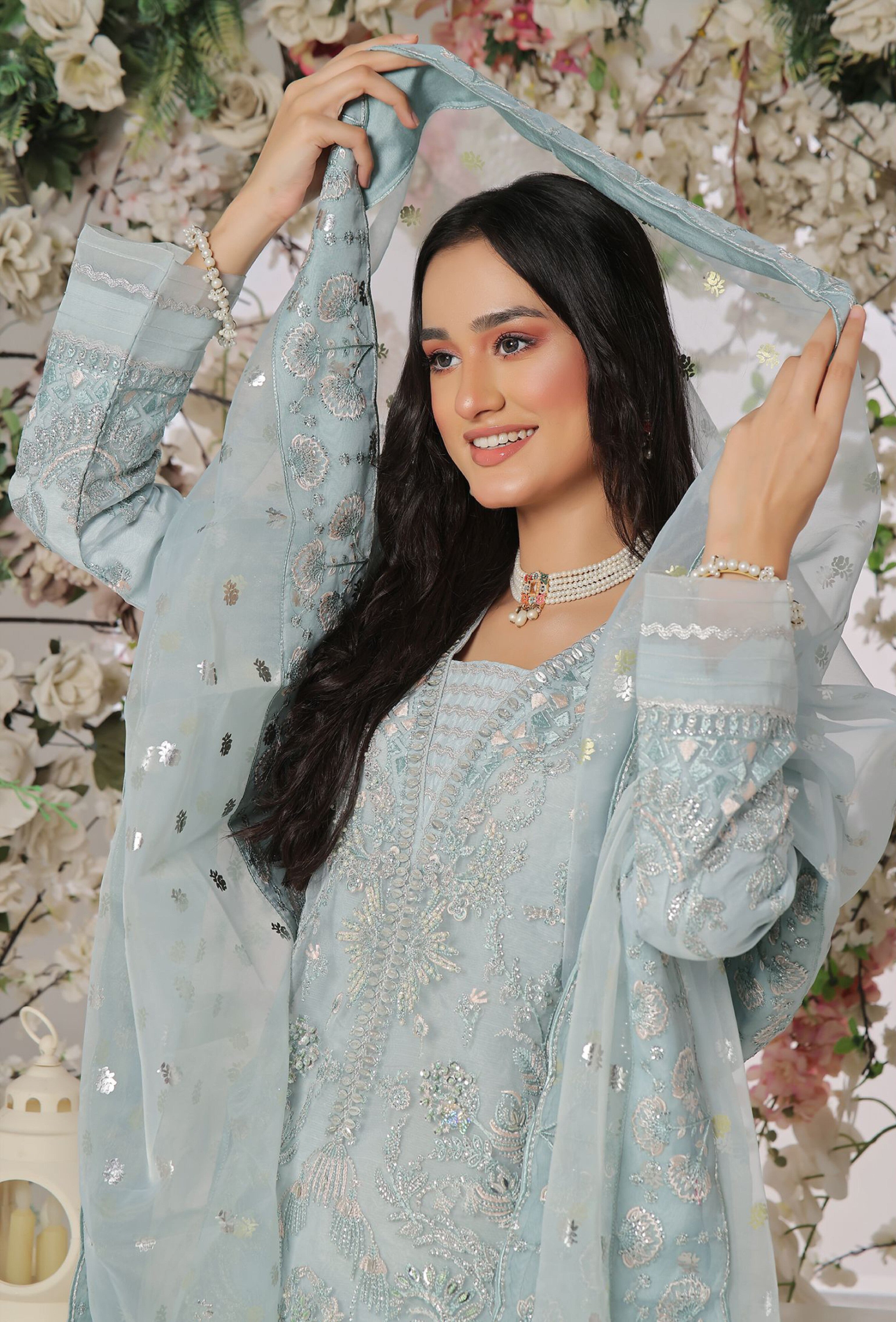 Pakistani Aroohi Unstitched Three Piece - Powder Blue Frost