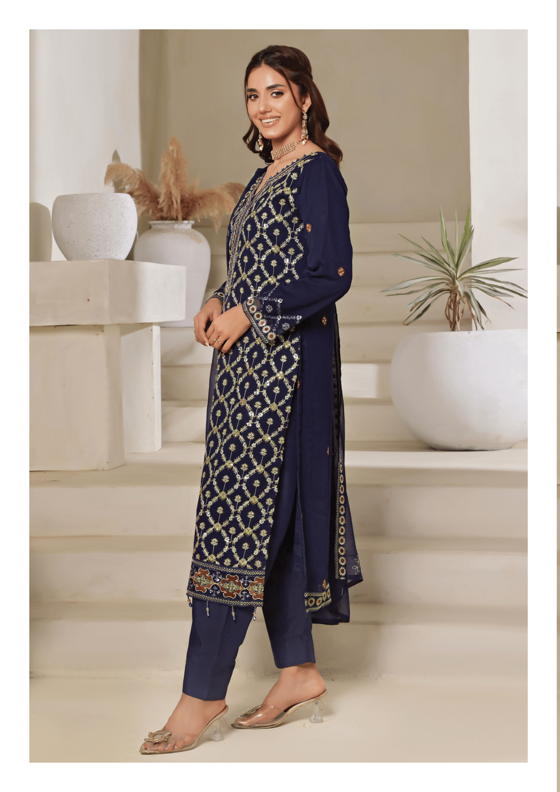 Pakistani Bisma by Bin Hameed Unstitch Three Piece - Navy Blue