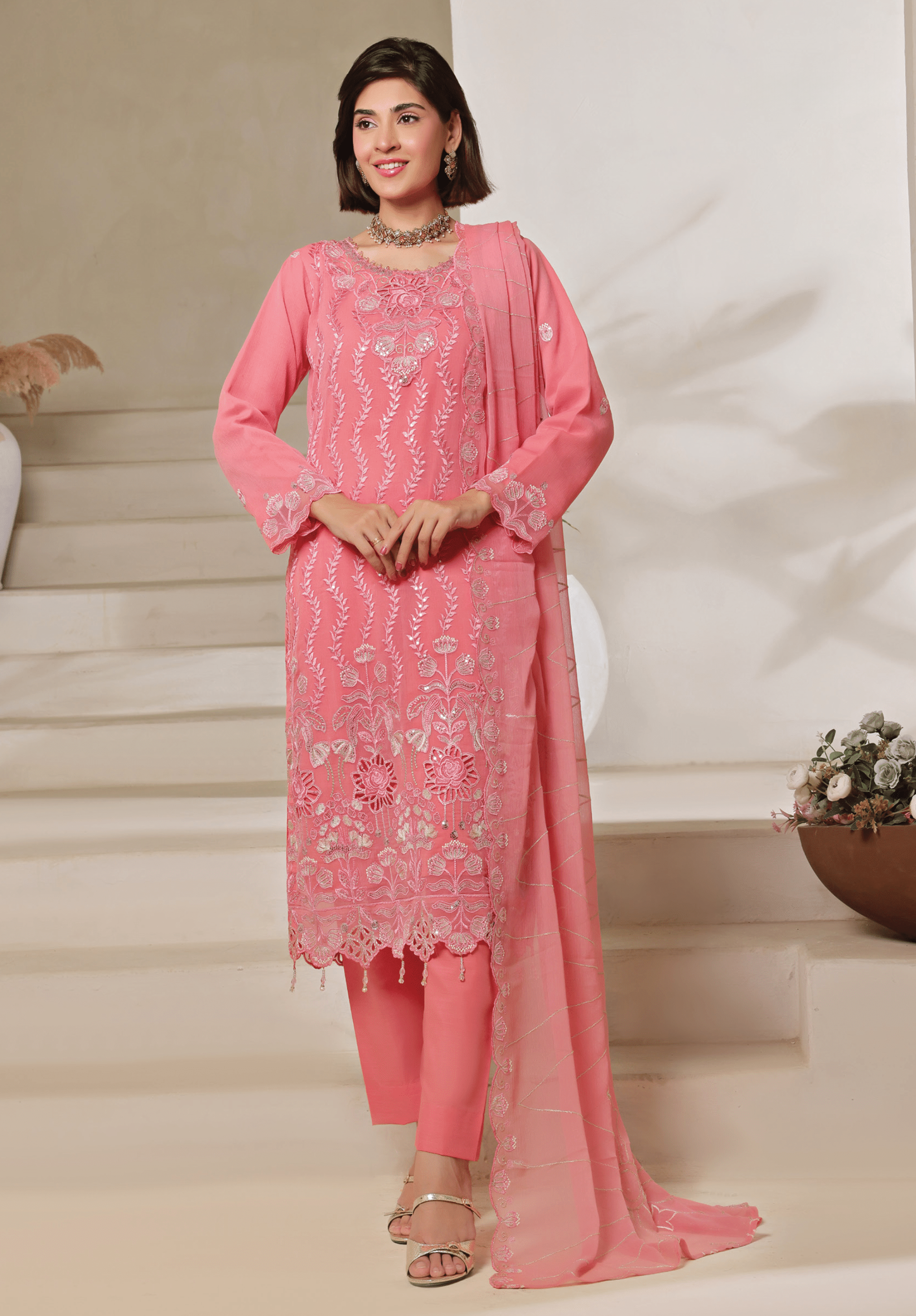 Pakistani Bisma by Bin Hameed Unstitch Three Piece - Rose Pink