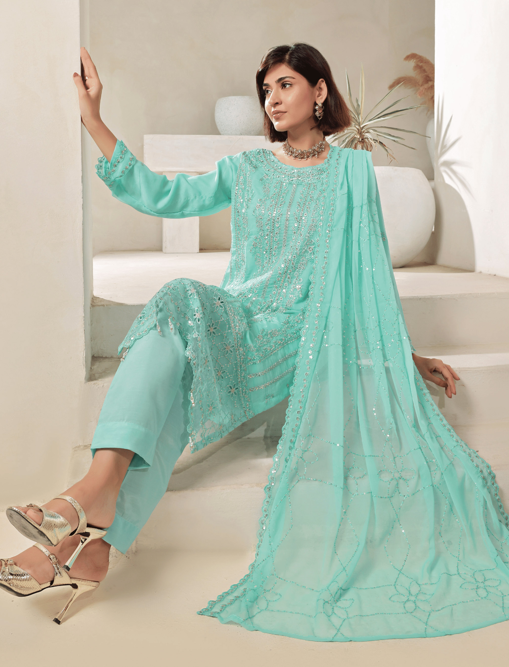 Pakistani Bisma by Bin Hameed Unstitch Three Piece - Mint Green