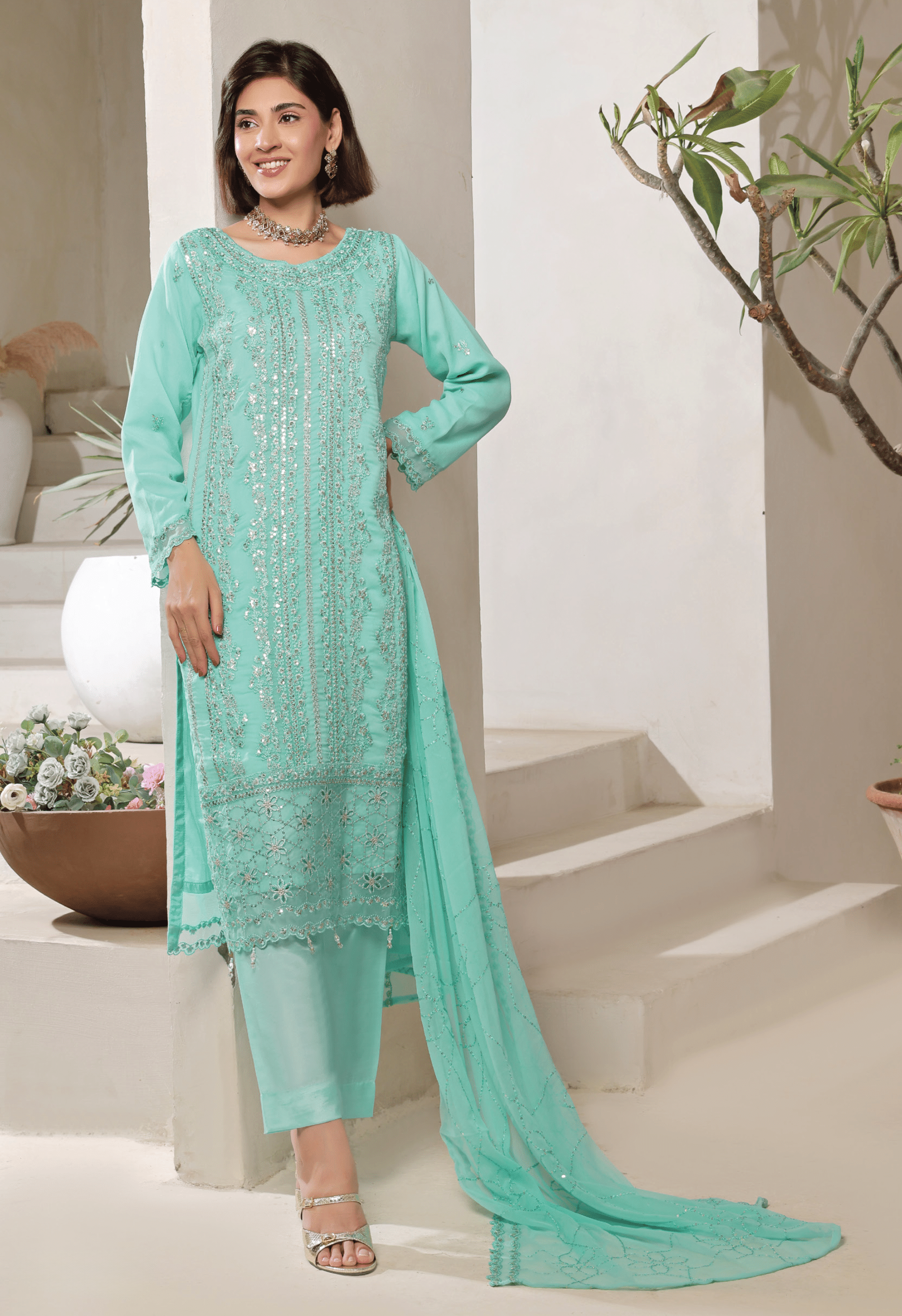 Pakistani Bisma by Bin Hameed Unstitch Three Piece - Mint Green