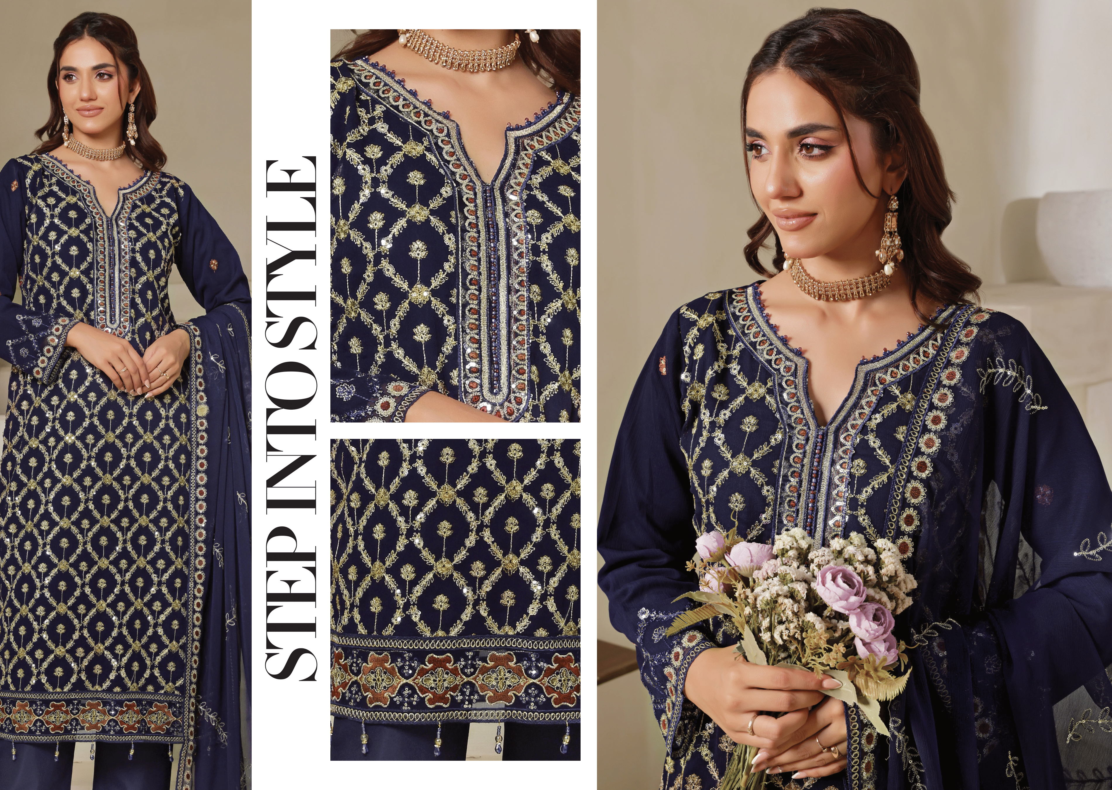 Pakistani Bisma by Bin Hameed Unstitch Three Piece - Navy Blue