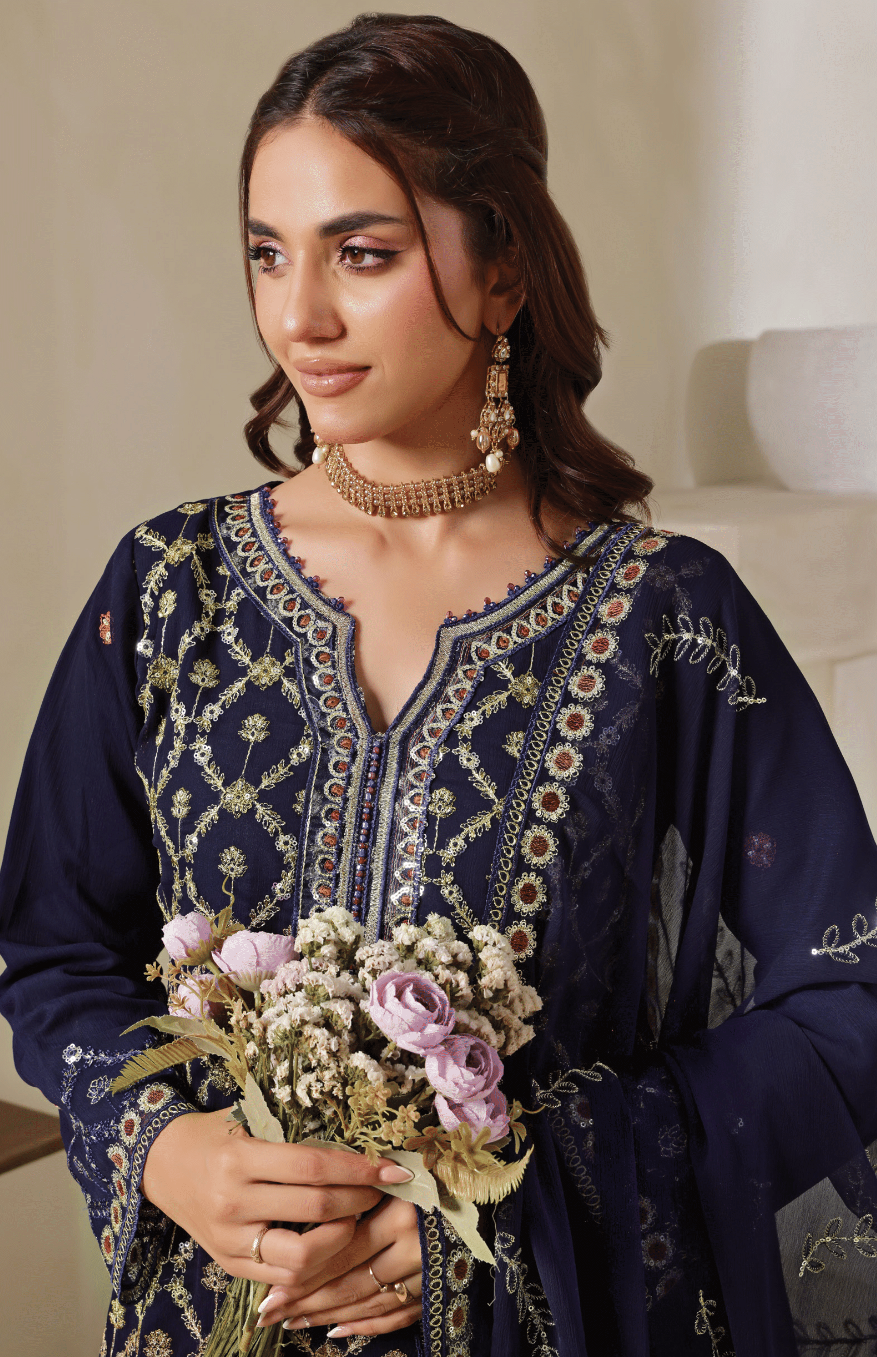 Pakistani Bisma by Bin Hameed Unstitch Three Piece - Navy Blue