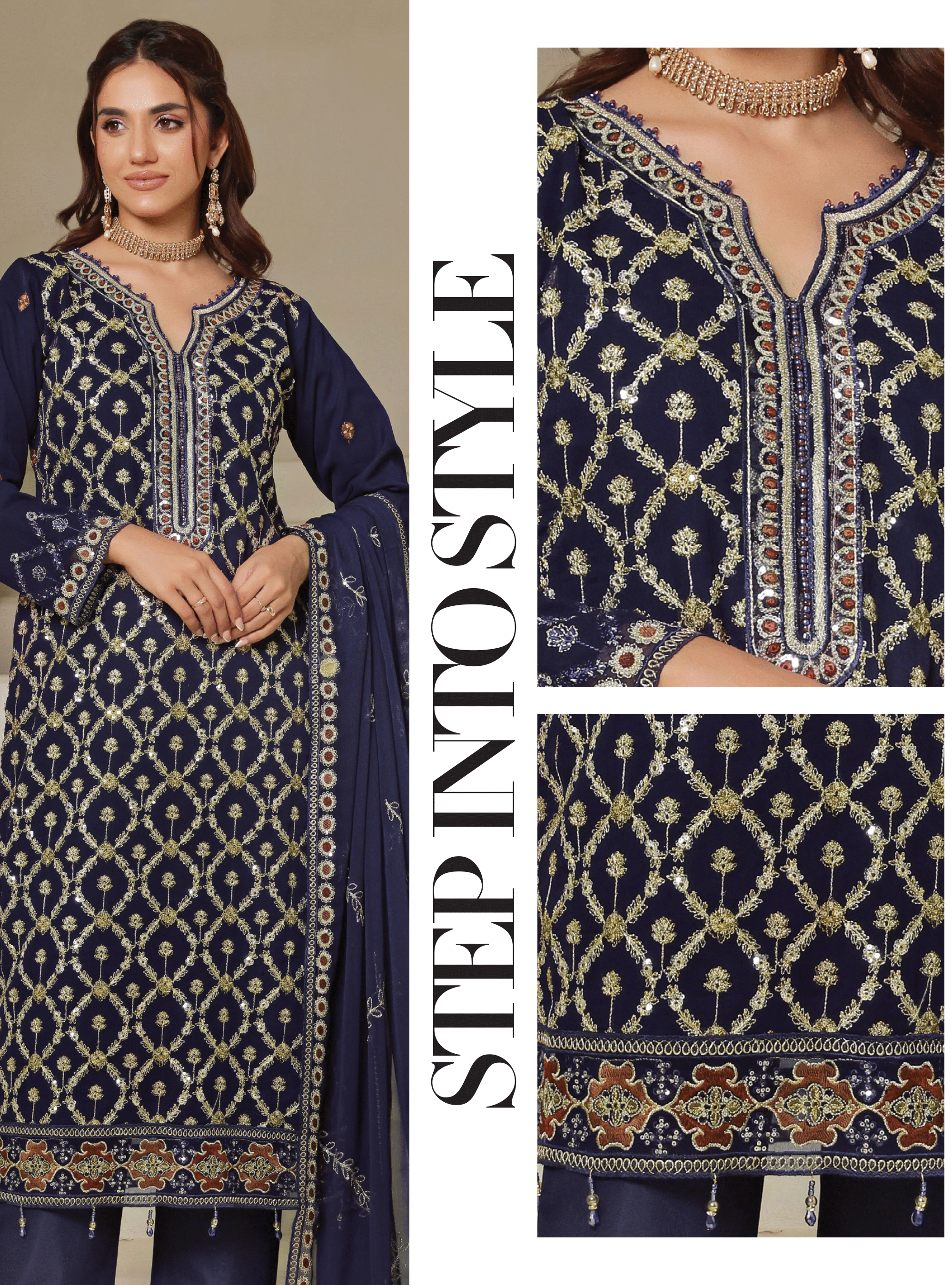 Pakistani Bisma by Bin Hameed Unstitch Three Piece - Navy Blue