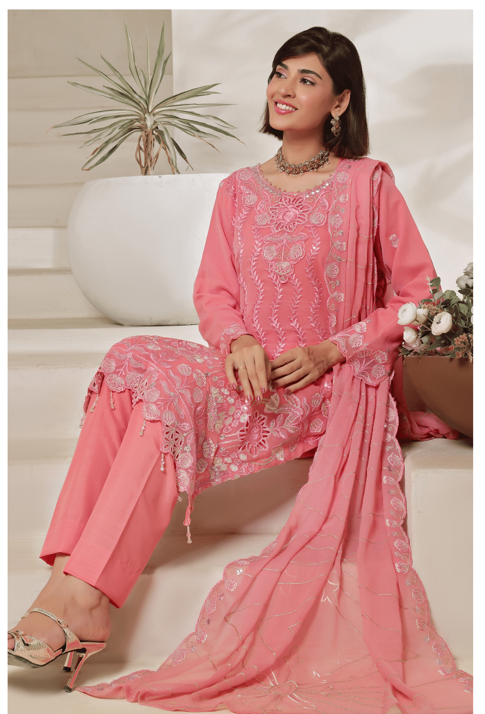 Pakistani Bisma by Bin Hameed Unstitch Three Piece - Rose Pink