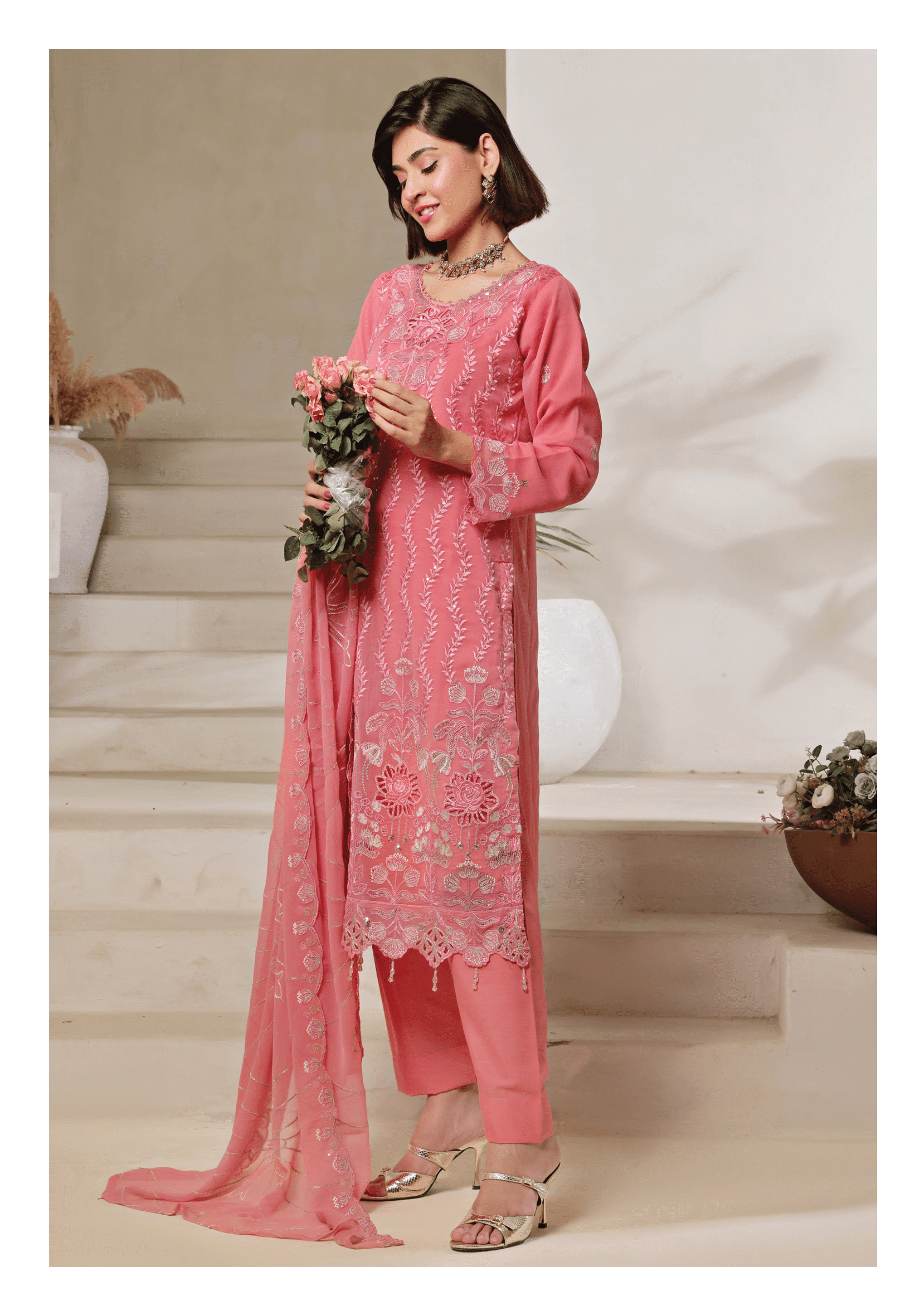 Pakistani Bisma by Bin Hameed Unstitch Three Piece - Rose Pink