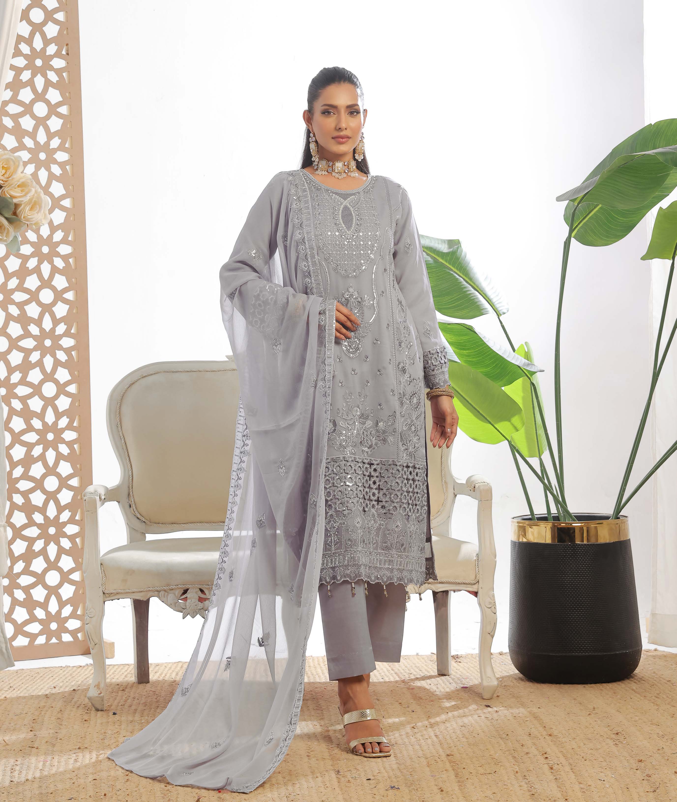 Pakistani Darshan by bin hameed unstitched three piece - Silver Frost